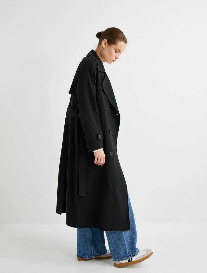  Uzun Trençkot Kruvaze Düğmeli Kemerli Cep Detaylı