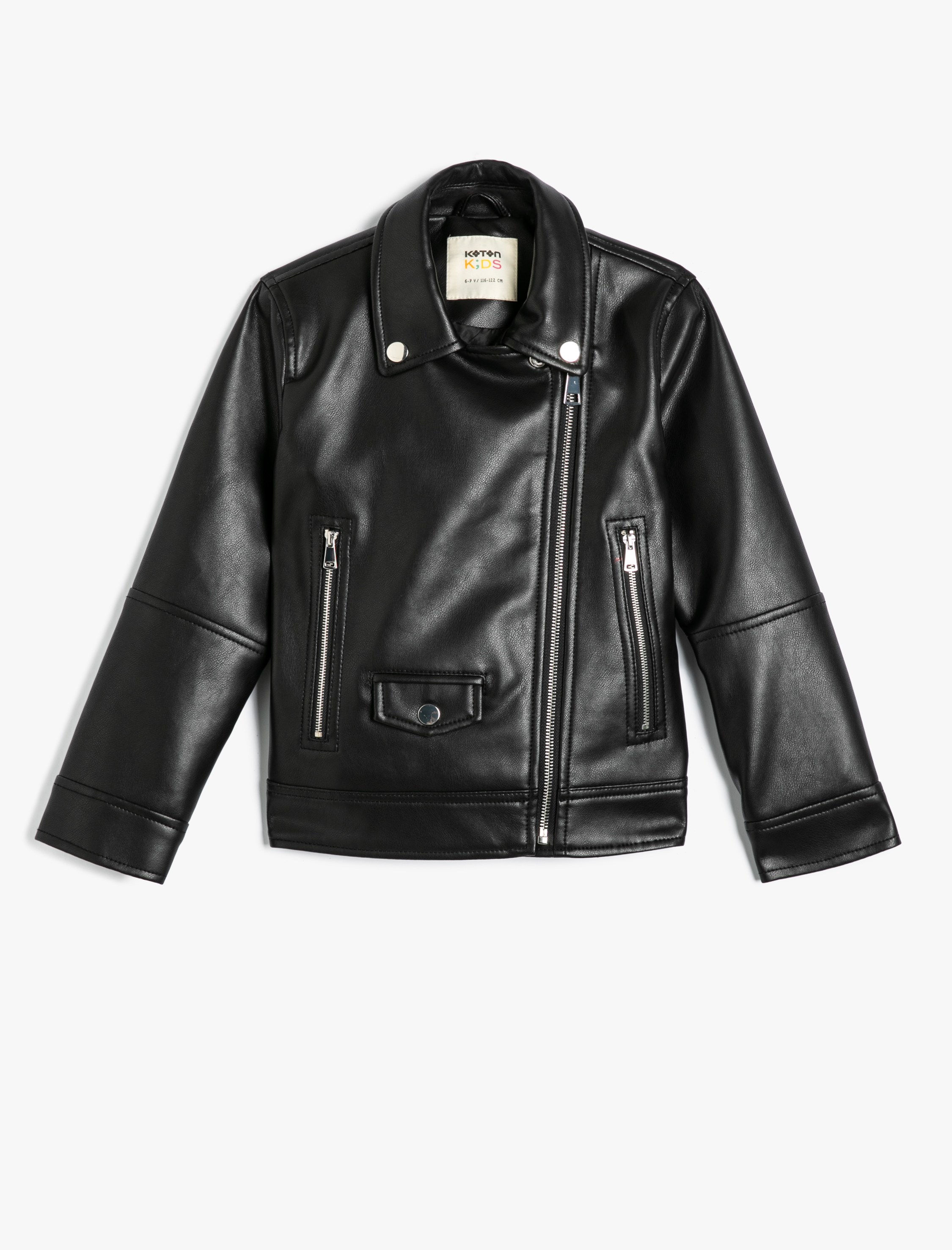  Kız Çocuk Biker Ceket Deri Görünümlü Fermuar Detaylı