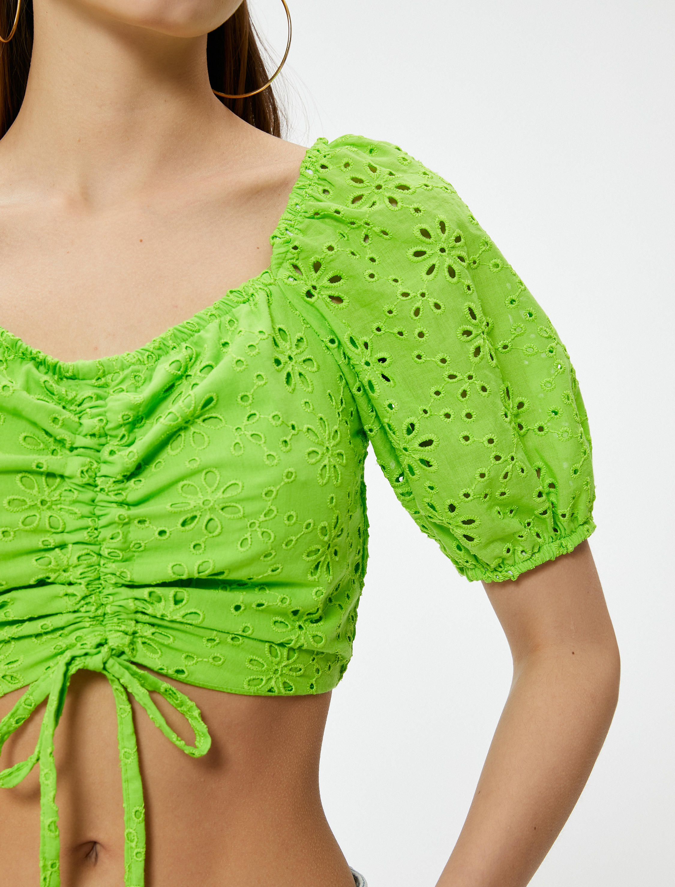 Balon Kol Crop Bluz Fistolu Önden Bağlama Detaylı Büzgülü Astarlı