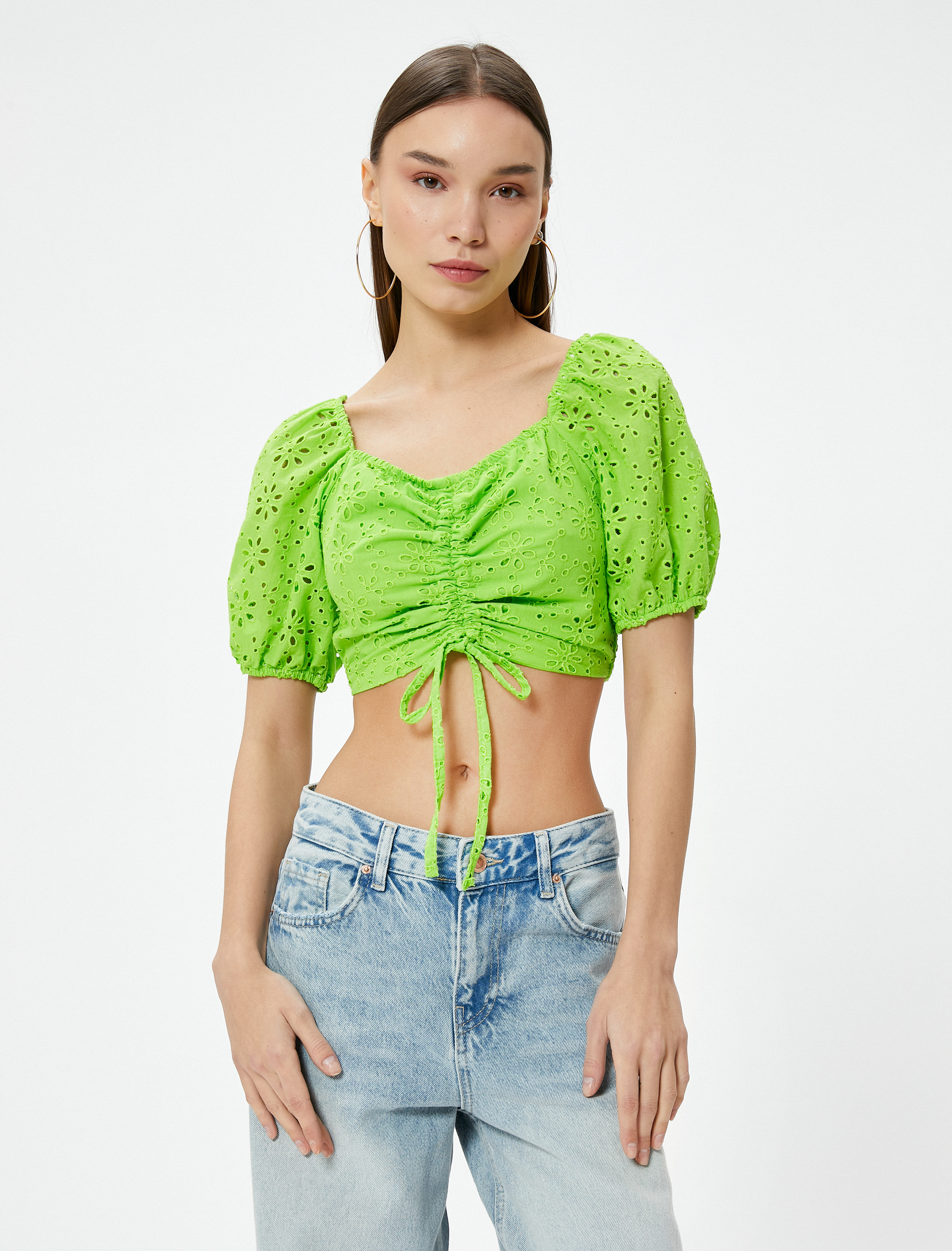 Balon Kol Crop Bluz Fistolu Önden Bağlama Detaylı Büzgülü Astarlı