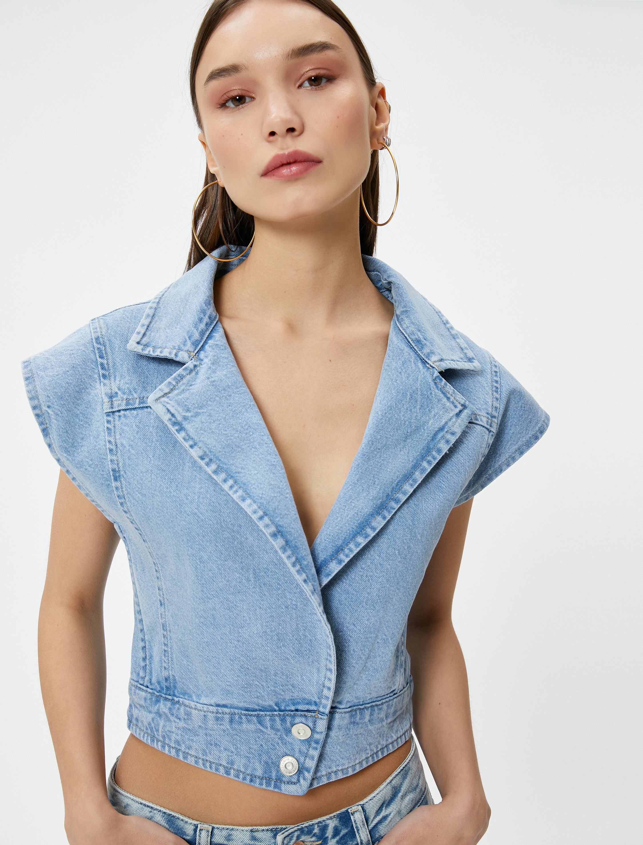   Kısa Kot Ceket Kolsuz Kruvaze Düğmeli