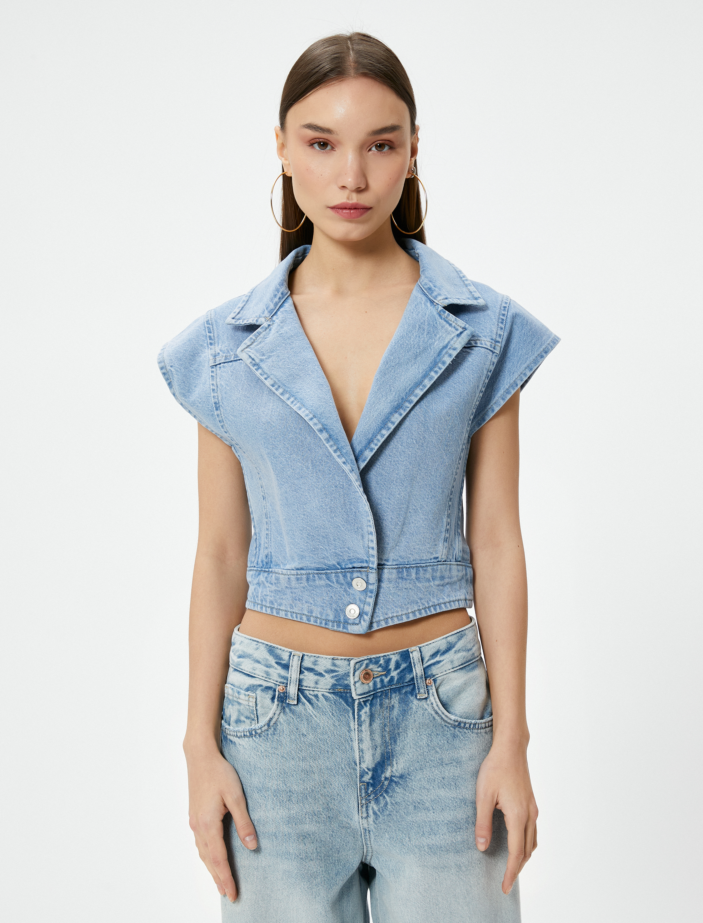   Kısa Kot Ceket Kolsuz Kruvaze Düğmeli