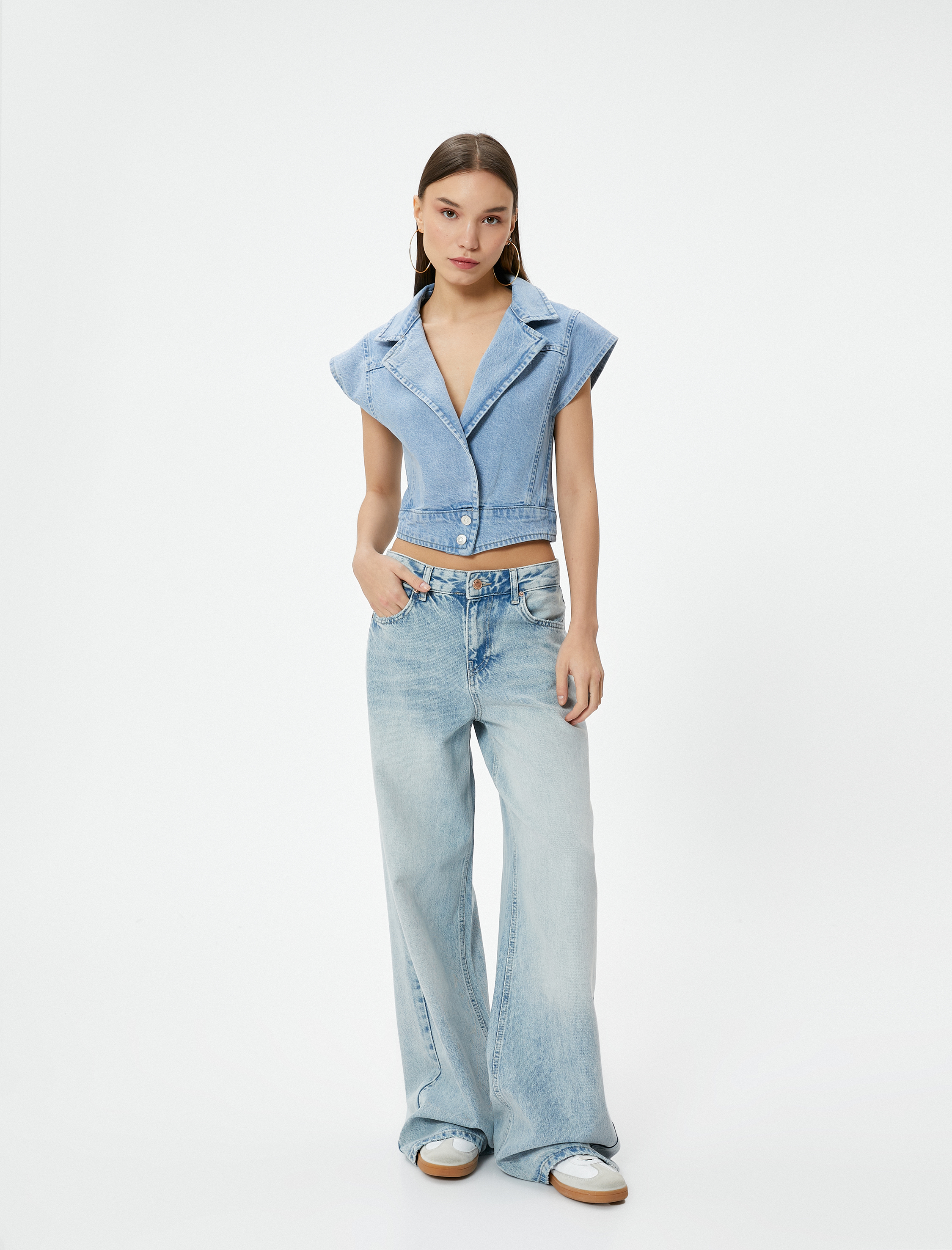   Kısa Kot Ceket Kolsuz Kruvaze Düğmeli