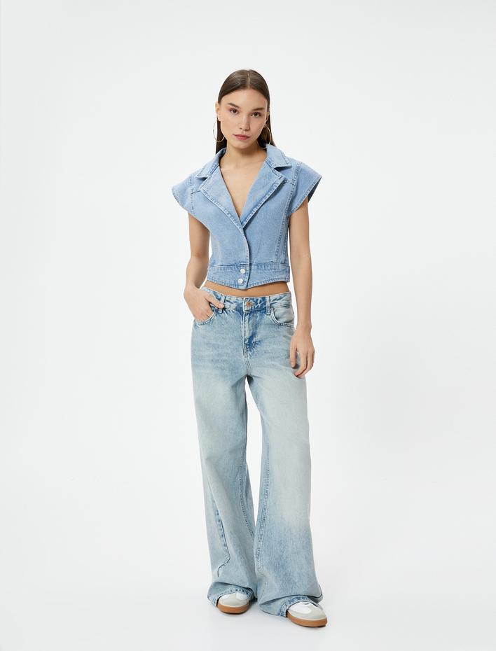  Kısa Kot Ceket Kolsuz Kruvaze Düğmeli