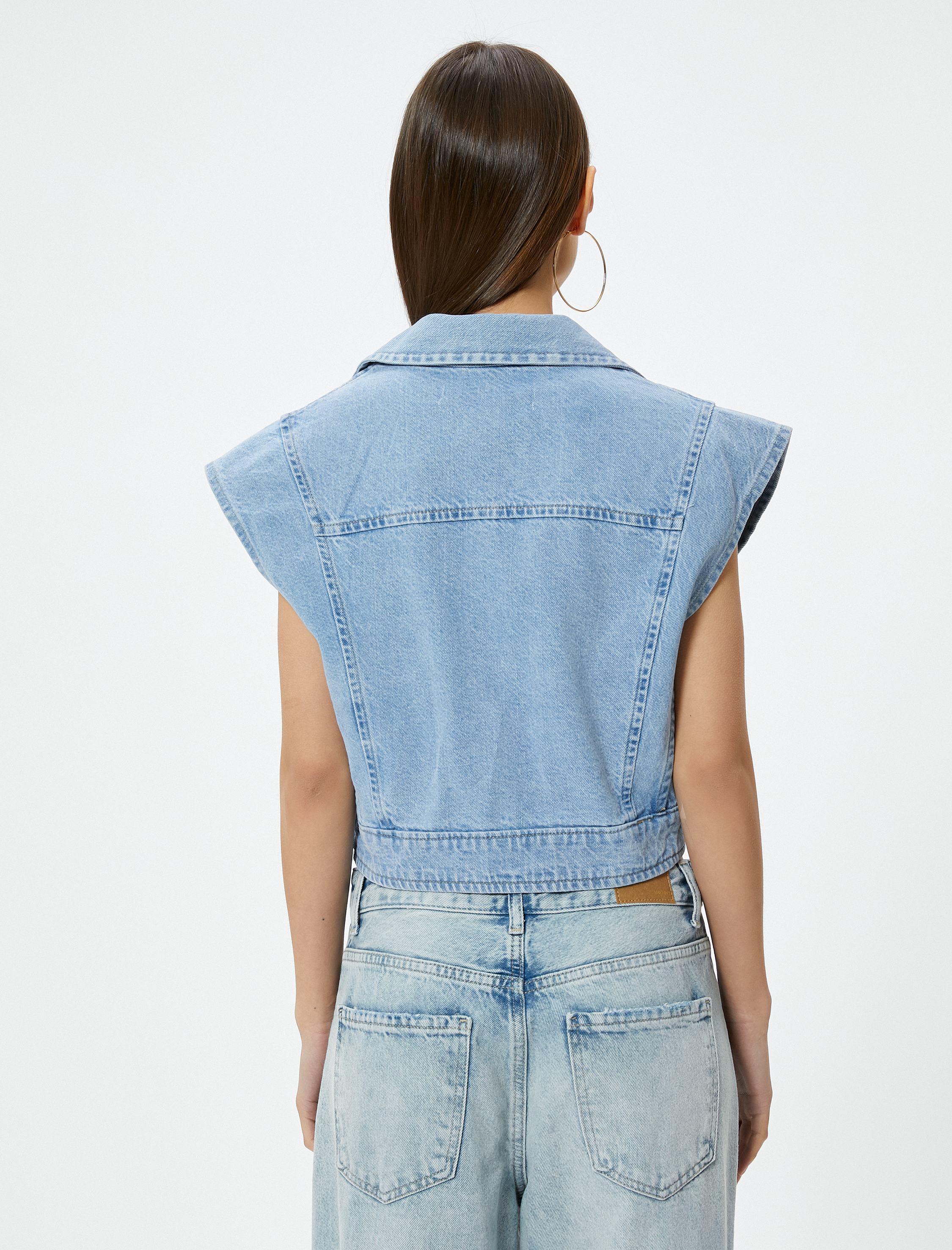   Kısa Kot Ceket Kolsuz Kruvaze Düğmeli