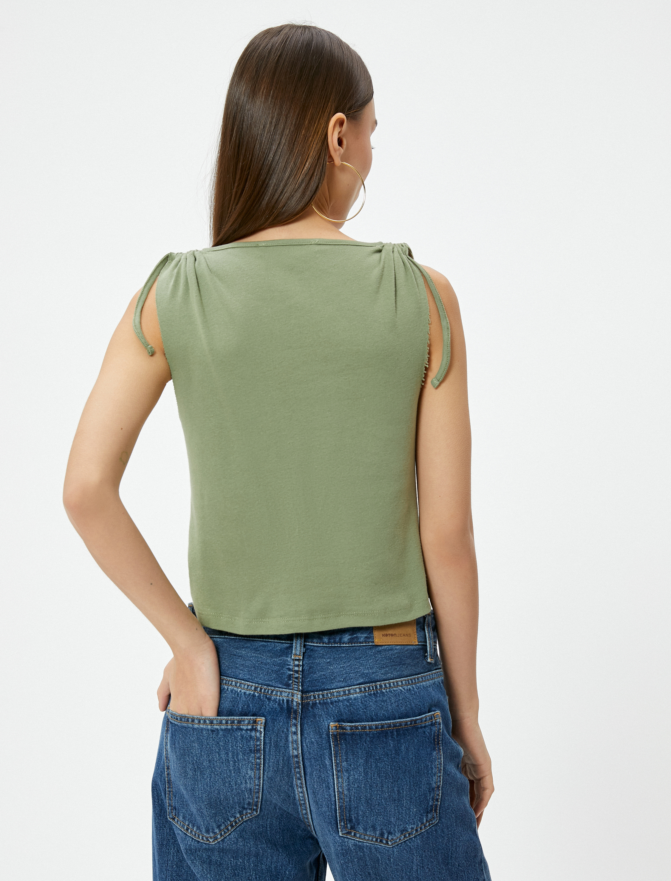   Baskılı V Yaka Atlet Omzu Bağlama Detaylı Büzgülü Pamuklu