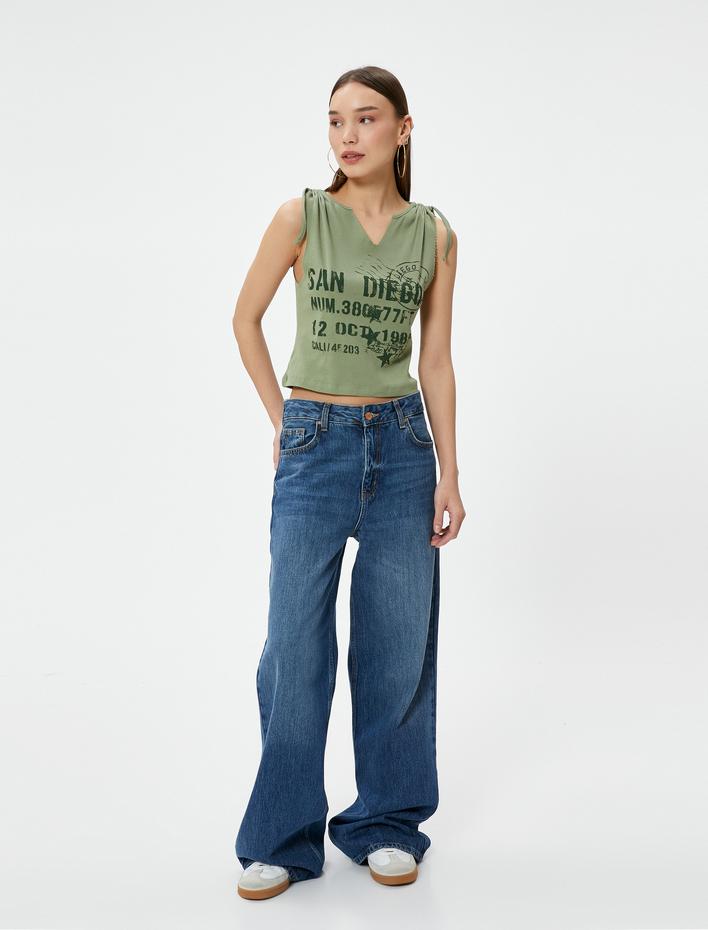  Baskılı V Yaka Atlet Omzu Bağlama Detaylı Büzgülü Pamuklu