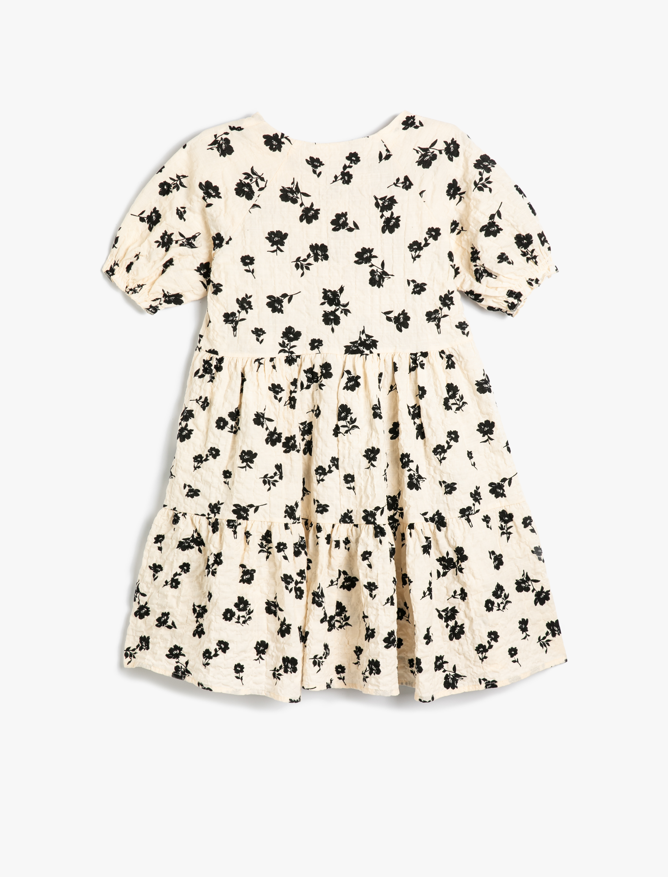  Kız Çocuk Çiçekli Elbise Kısa Kollu Yuvarlak Yaka Dokulu Düğmeli Pamuklu