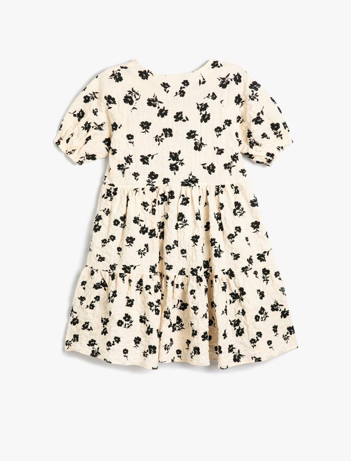 Kız Çocuk Çiçekli Elbise Kısa Kollu Yuvarlak Yaka Dokulu Düğmeli Pamuklu