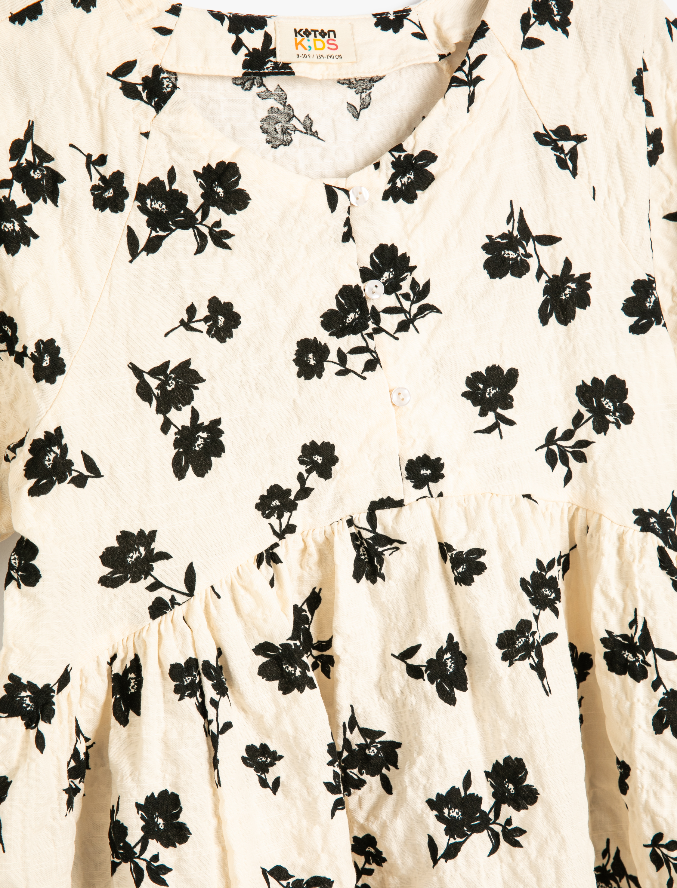  Kız Çocuk Çiçekli Elbise Kısa Kollu Yuvarlak Yaka Dokulu Düğmeli Pamuklu