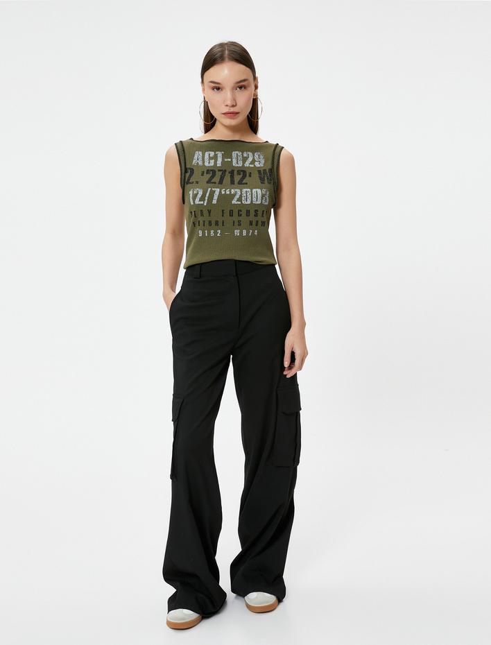  Kolsuz Tişört Baskılı Viskoz Kumaş Karışımlı Ribanalı Yuvarlak Yaka