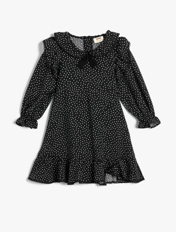 Kız Çocuk Viskon Elbise Puantiyeli Fırfırlı Kısa Kollu Yuvarlak Yaka