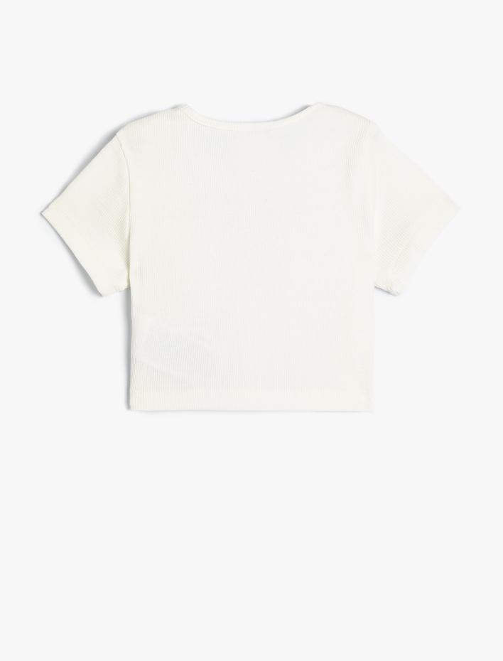 Kız Çocuk Crop Tişört Kısa Kollu Kedi Baskılı Bisiklet Yaka