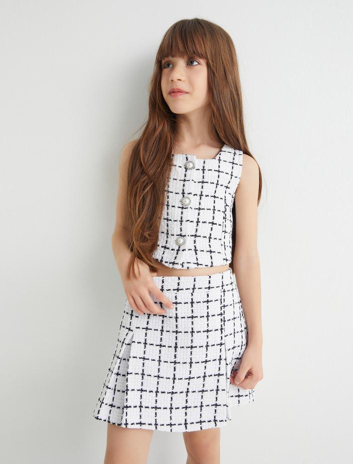 Kız Çocuk Crop Tüvit Bluz Kolsuz İnci Düğme Detaylı