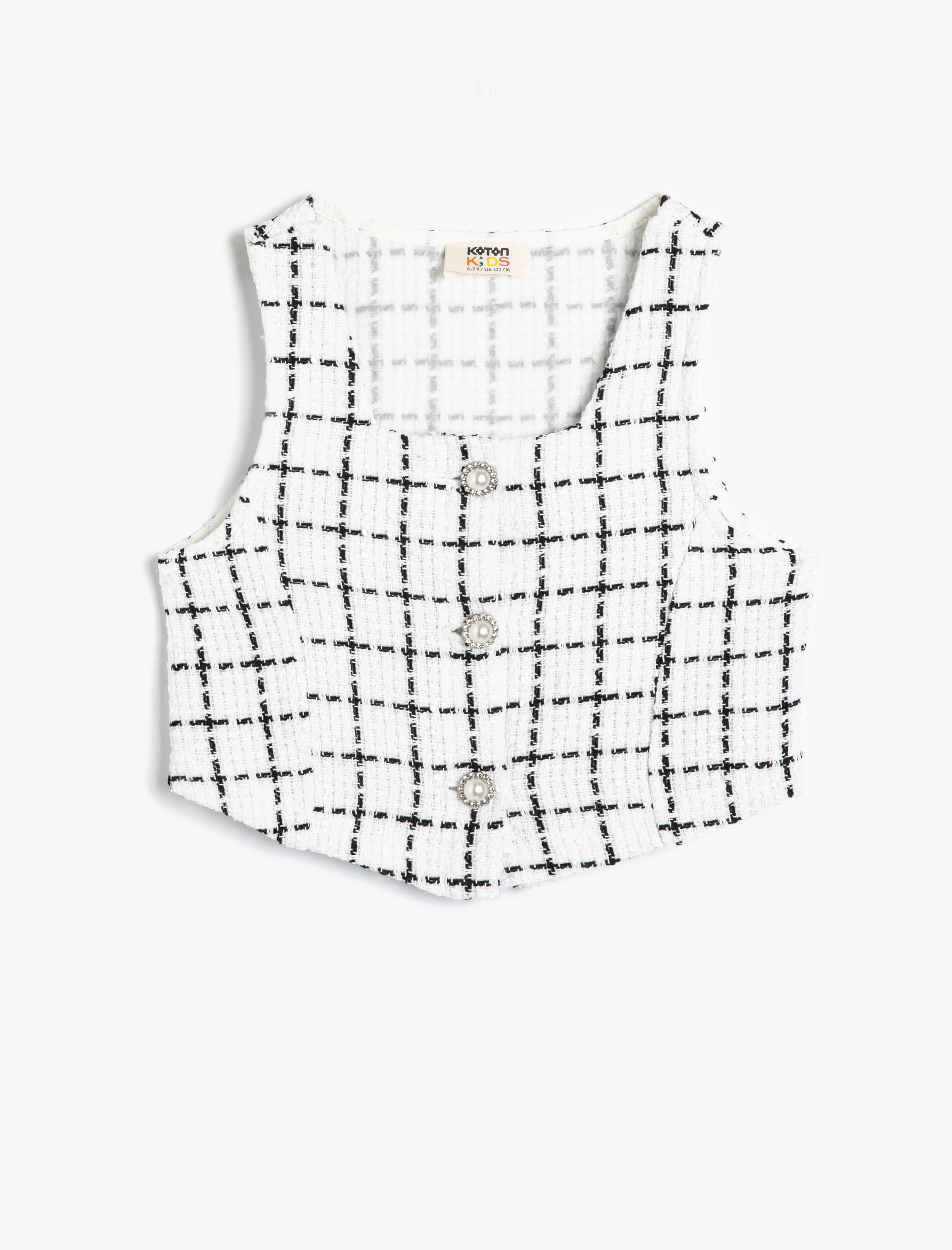  Kız Çocuk Crop Tüvit Bluz Kolsuz İnci Düğme Detaylı