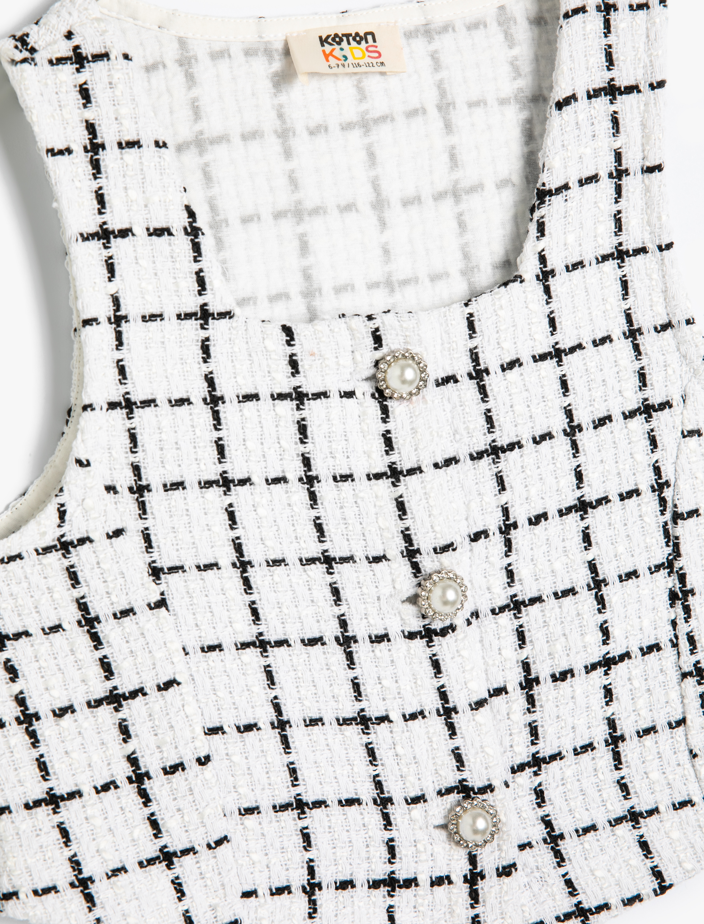  Kız Çocuk Crop Tüvit Bluz Kolsuz İnci Düğme Detaylı