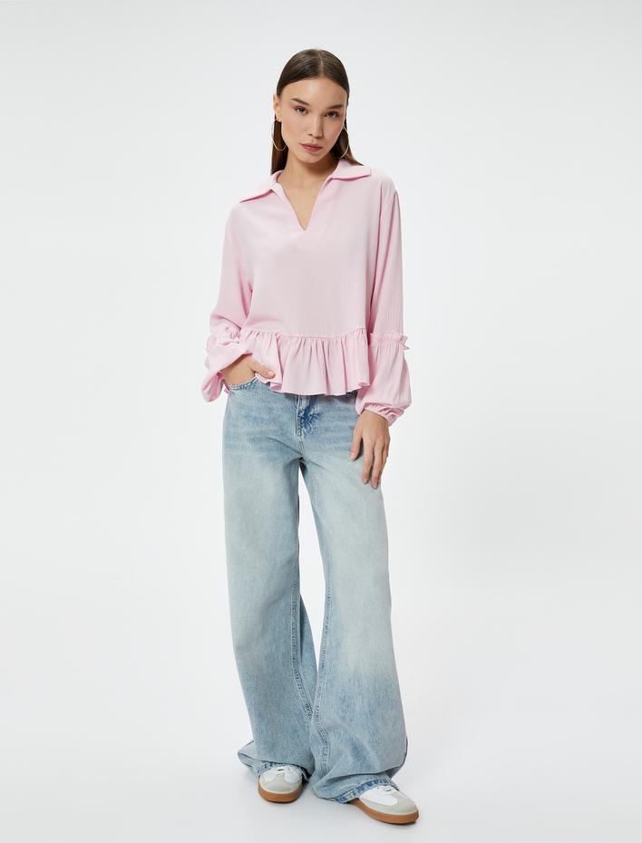  Fırfırlı Bluz Polo V Yaka Uzun Kollu Dokulu Viskoz Kumaş Rahat Kalıp