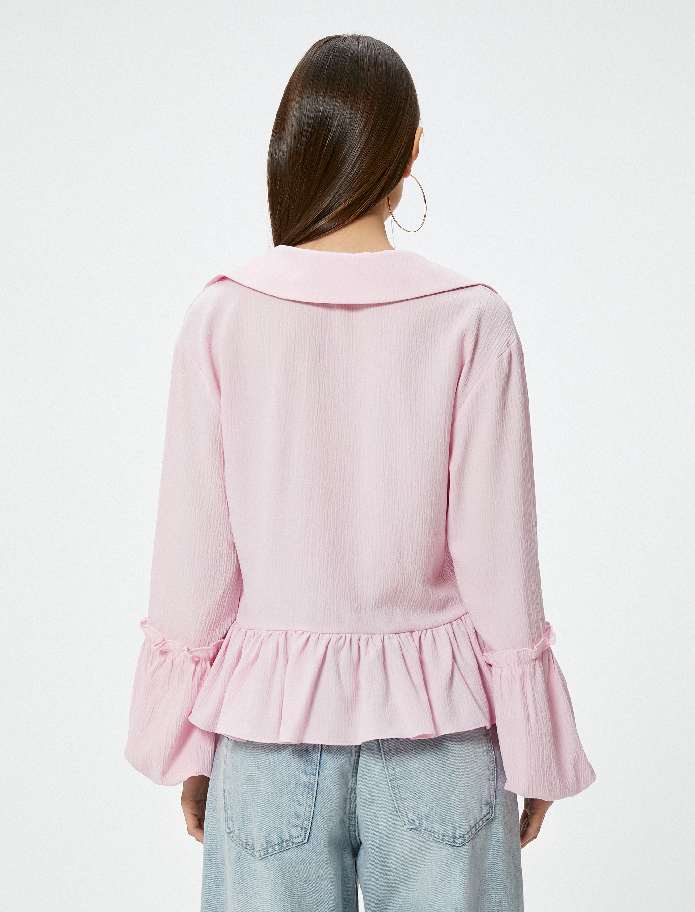   Fırfırlı Bluz Polo V Yaka Uzun Kollu Dokulu Viskoz Kumaş Rahat Kalıp