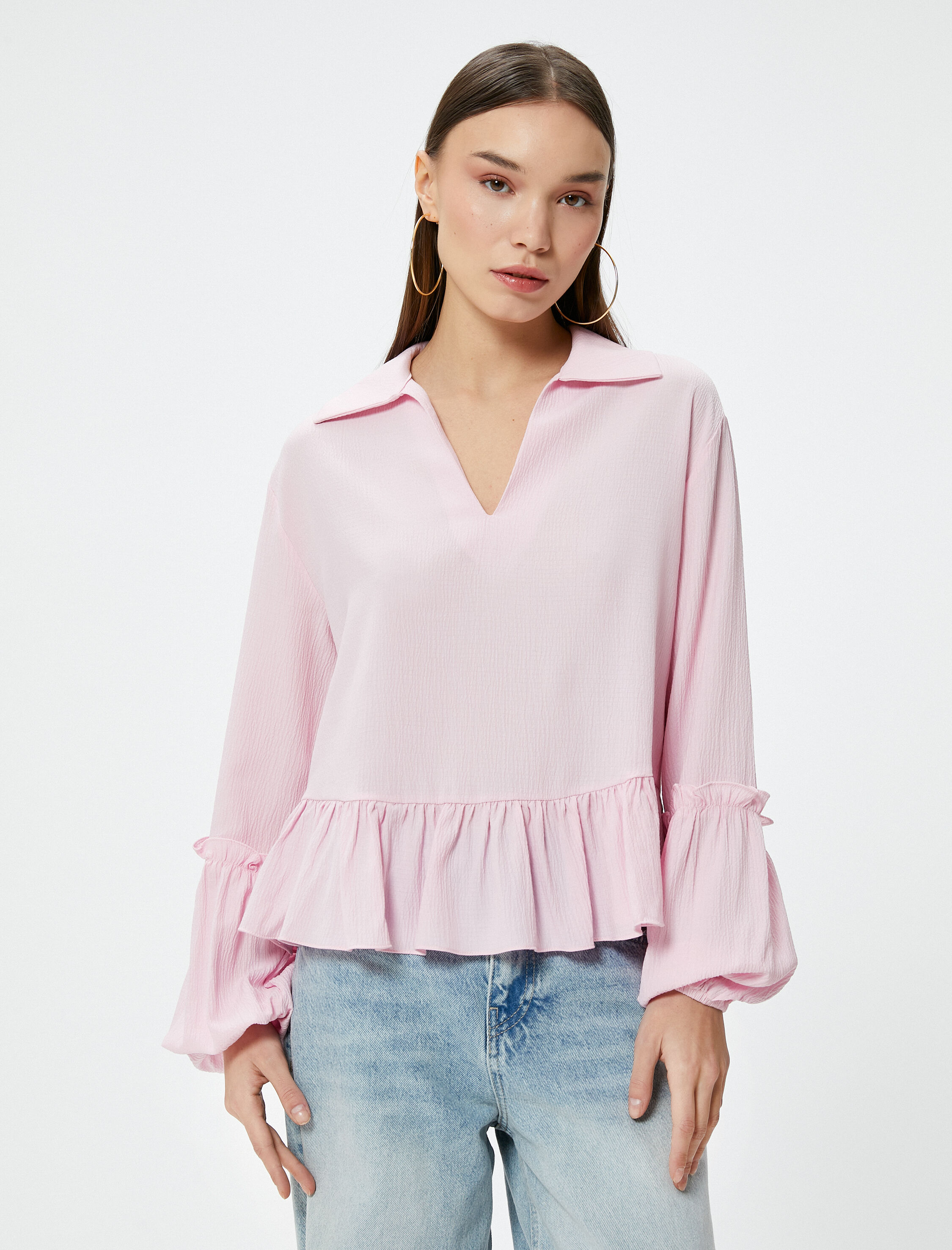   Fırfırlı Bluz Polo V Yaka Uzun Kollu Dokulu Viskoz Kumaş Rahat Kalıp