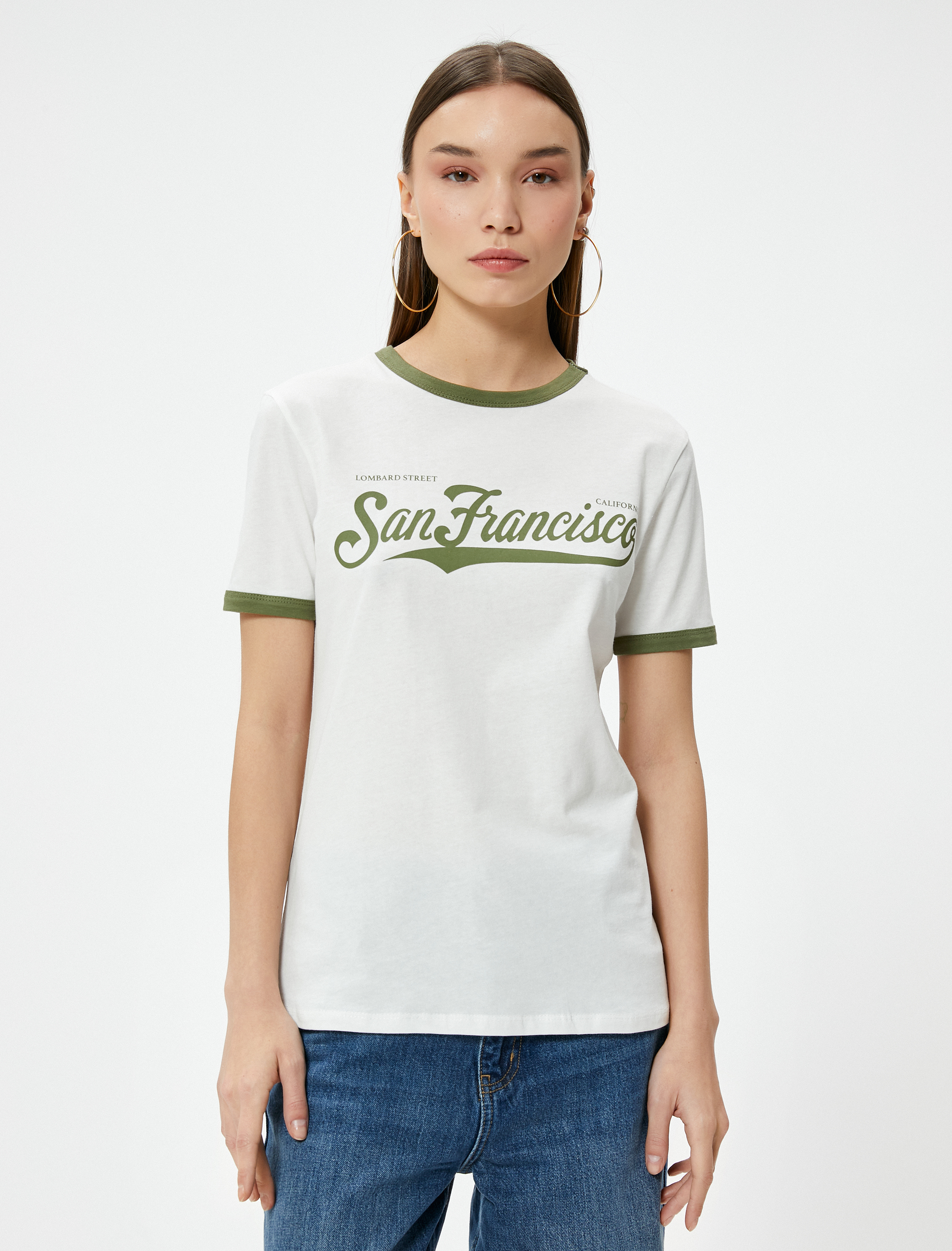   Kısa Kollu Tişört Baskılı Bisiklet Yaka Biyeli Pamuklu