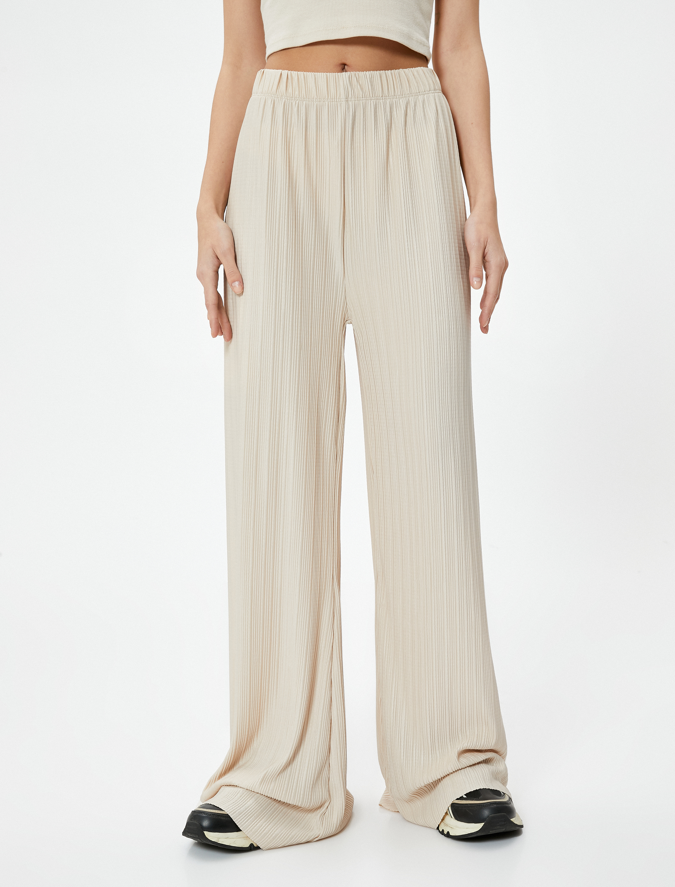   Bol Paça Pantolon Dokulu Standart Bel Rahat Kalıp