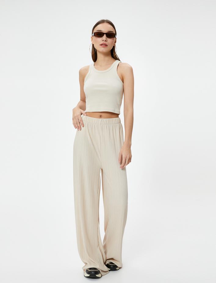  Bol Paça Pantolon Dokulu Standart Bel Rahat Kalıp