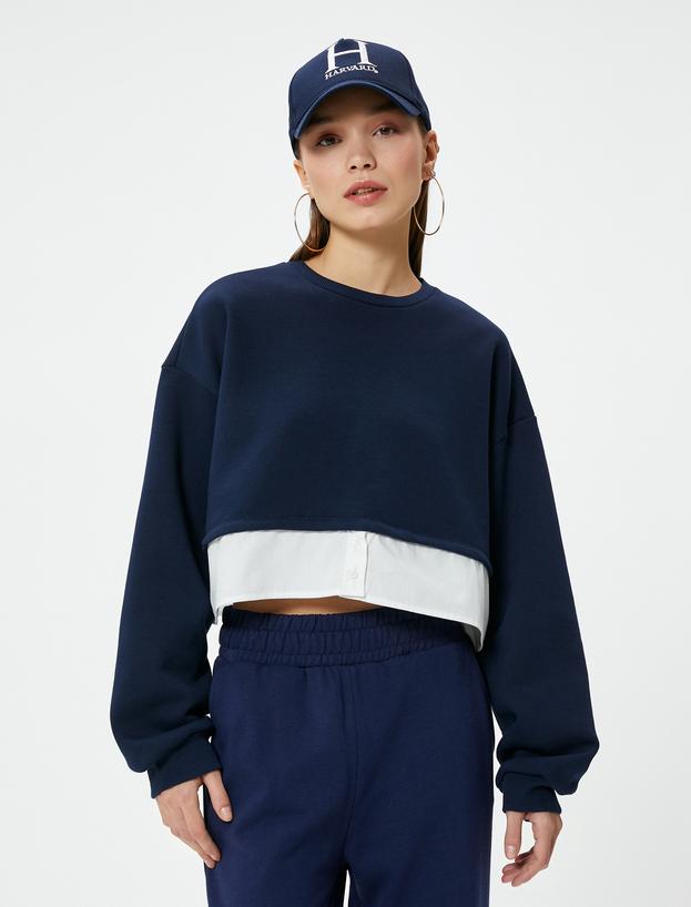 Crop Sweatshirt Çift Kumaş Detaylı Renk Kontrastlı Bisiklet Yaka_2