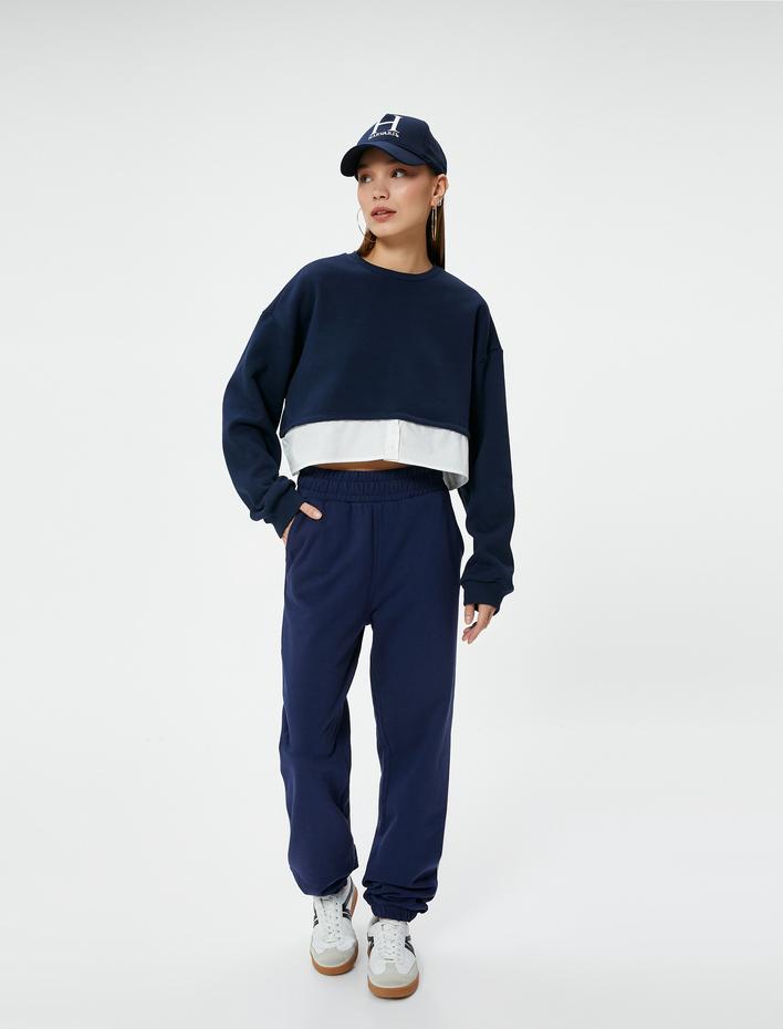  Şardonlu Crop Sweatshirt Çift Kumaş Detaylı Renk Kontrastlı Bisiklet Yaka