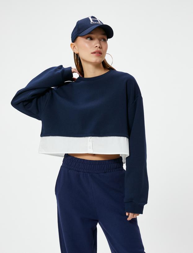 Crop Sweatshirt Çift Kumaş Detaylı Renk Kontrastlı Bisiklet Yaka_0