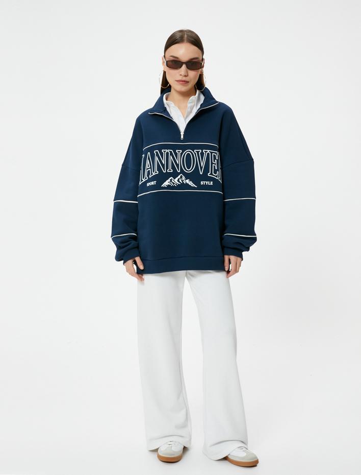  Şardonlu Yarım Fermuarlı Sweatshirt Rahat Kalıp Baskılı Dik Yaka