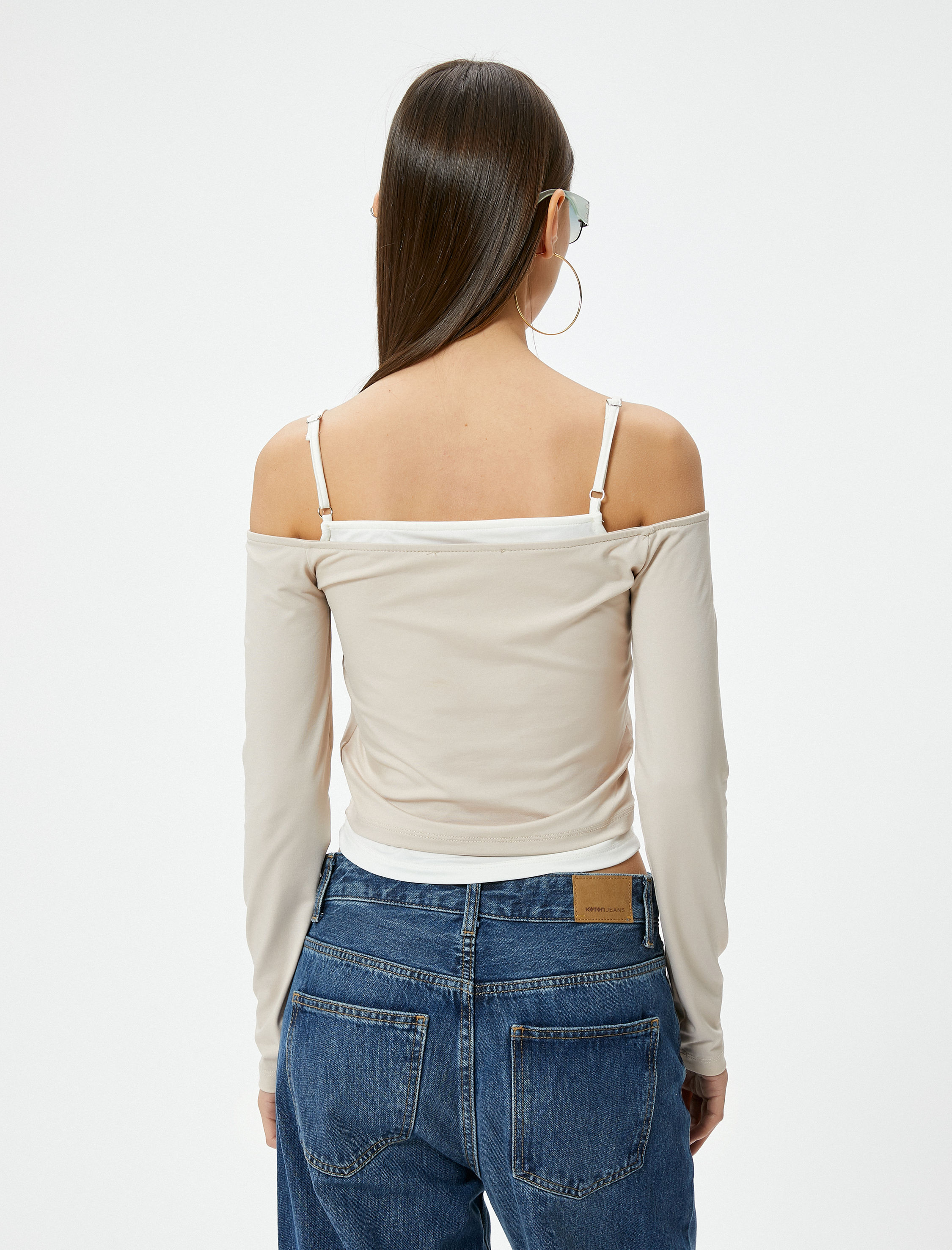   Askılı Madonna Yaka Omzu Açık Tişört Uzun Kollu Renk Kontrastlı Slim Fit