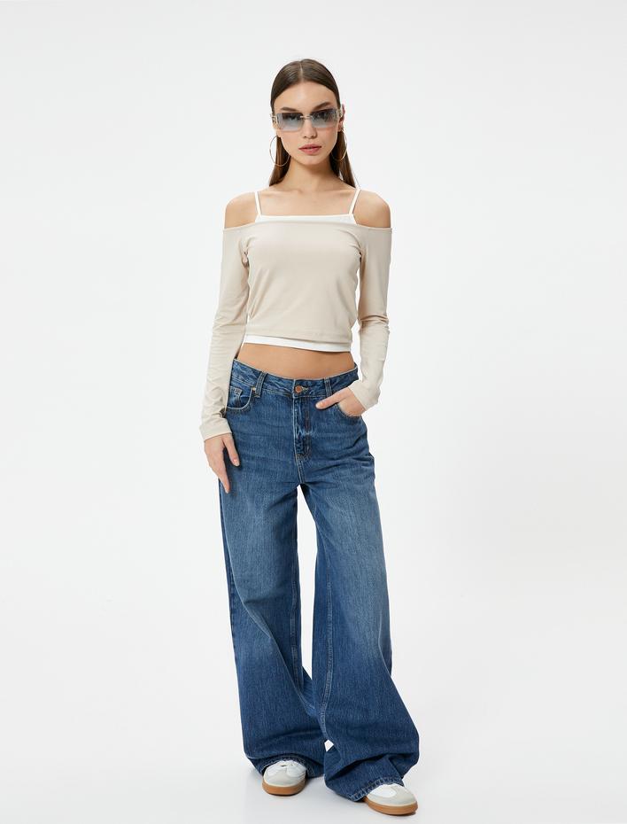  Askılı Madonna Yaka Omzu Açık Tişört Uzun Kollu Renk Kontrastlı Slim Fit