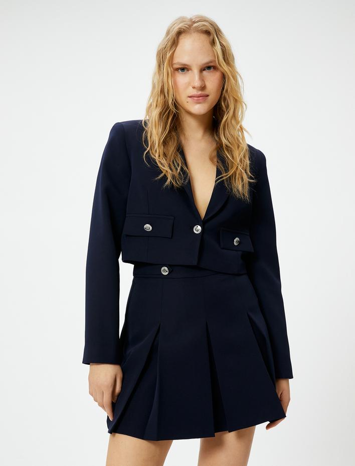  Crop Blazer Ceket Düğmeli Kapaklı Cepli