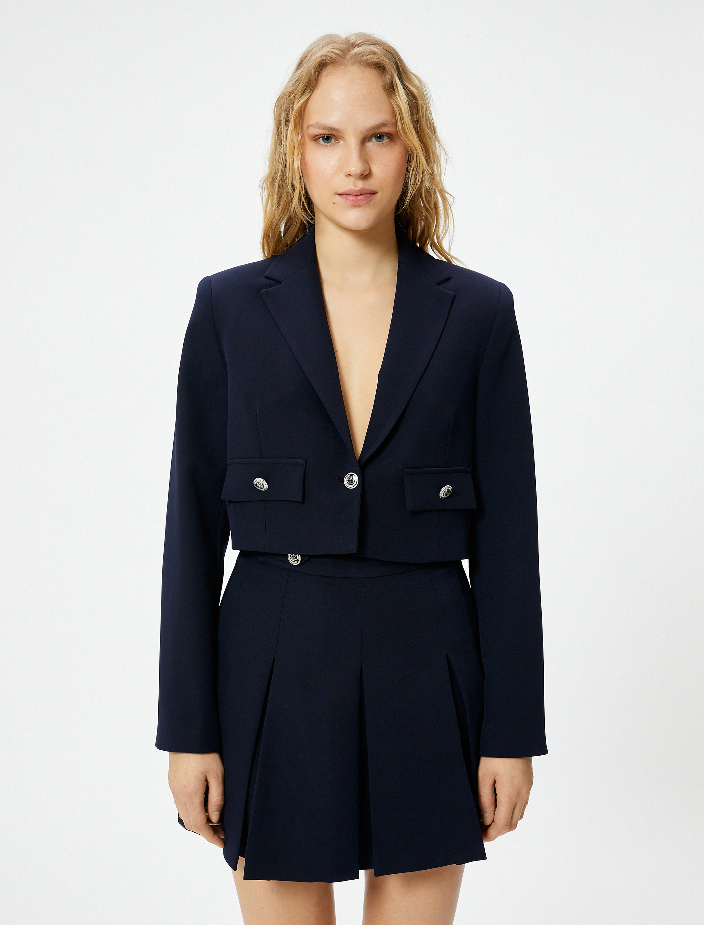   Crop Blazer Ceket Düğmeli Kapaklı Cepli