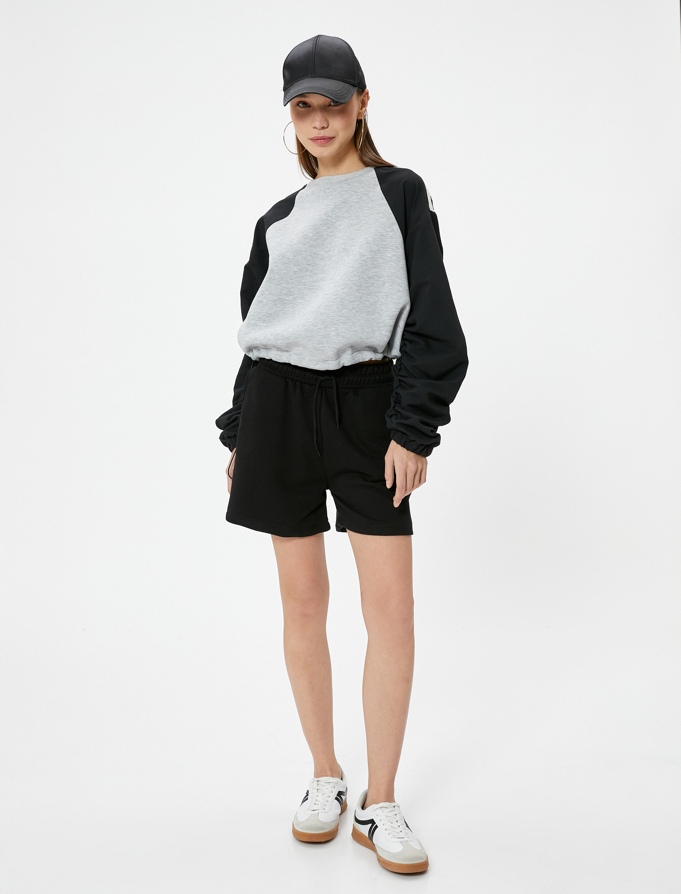   Crop Sweatshirt Renk Bloklu Beli Ayarlanabilir Lastikli Bisiklet Yaka