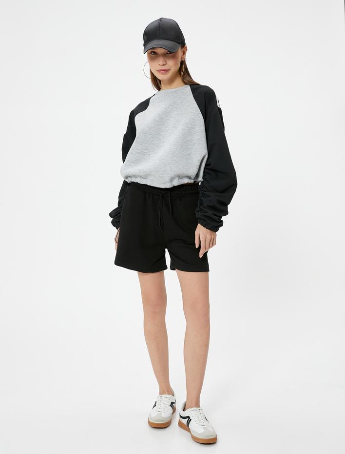  Crop Sweatshirt Renk Bloklu Beli Ayarlanabilir Lastikli Bisiklet Yaka