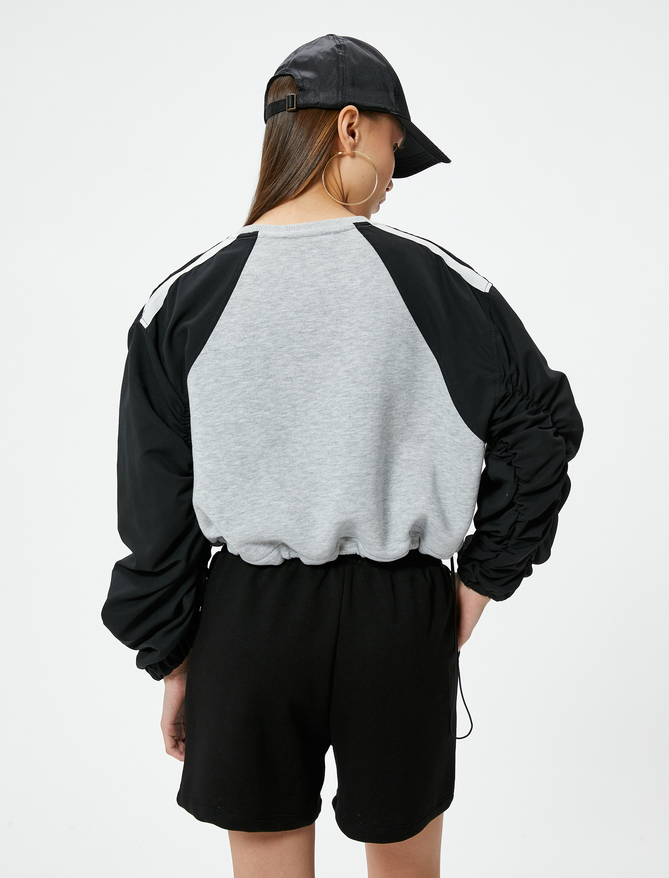   Crop Sweatshirt Renk Bloklu Beli Ayarlanabilir Lastikli Bisiklet Yaka