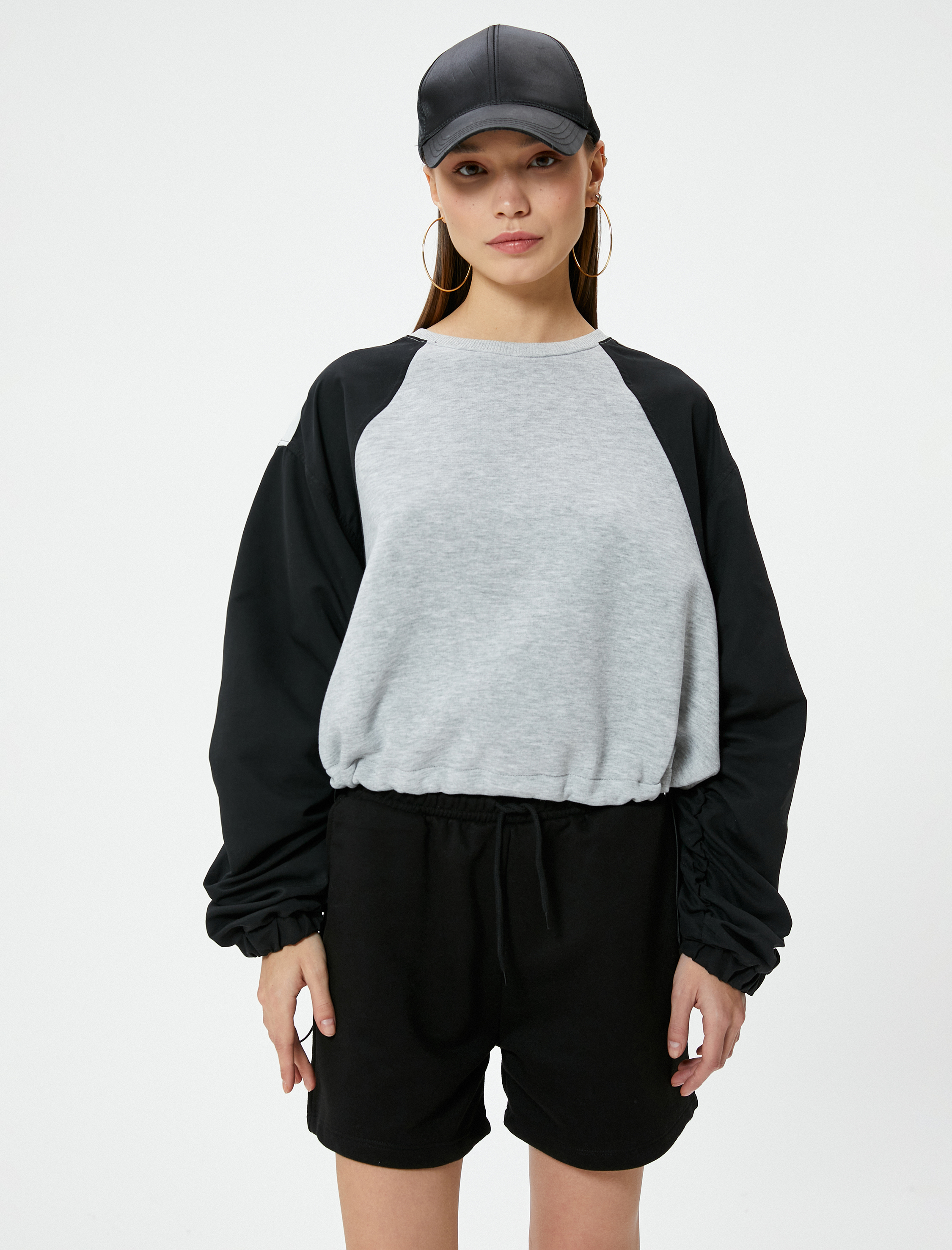   Crop Sweatshirt Renk Bloklu Beli Ayarlanabilir Lastikli Bisiklet Yaka