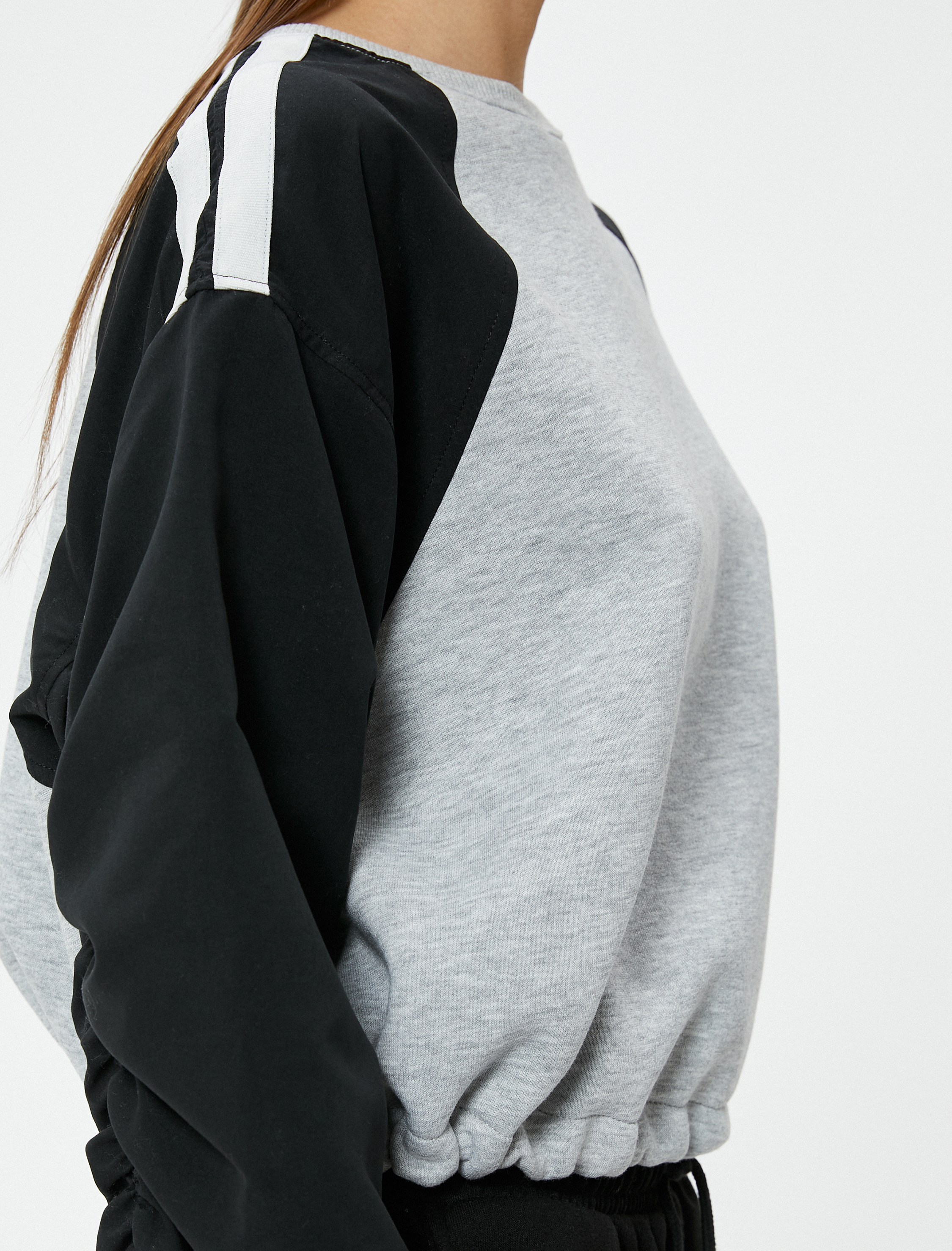   Crop Sweatshirt Renk Bloklu Beli Ayarlanabilir Lastikli Bisiklet Yaka