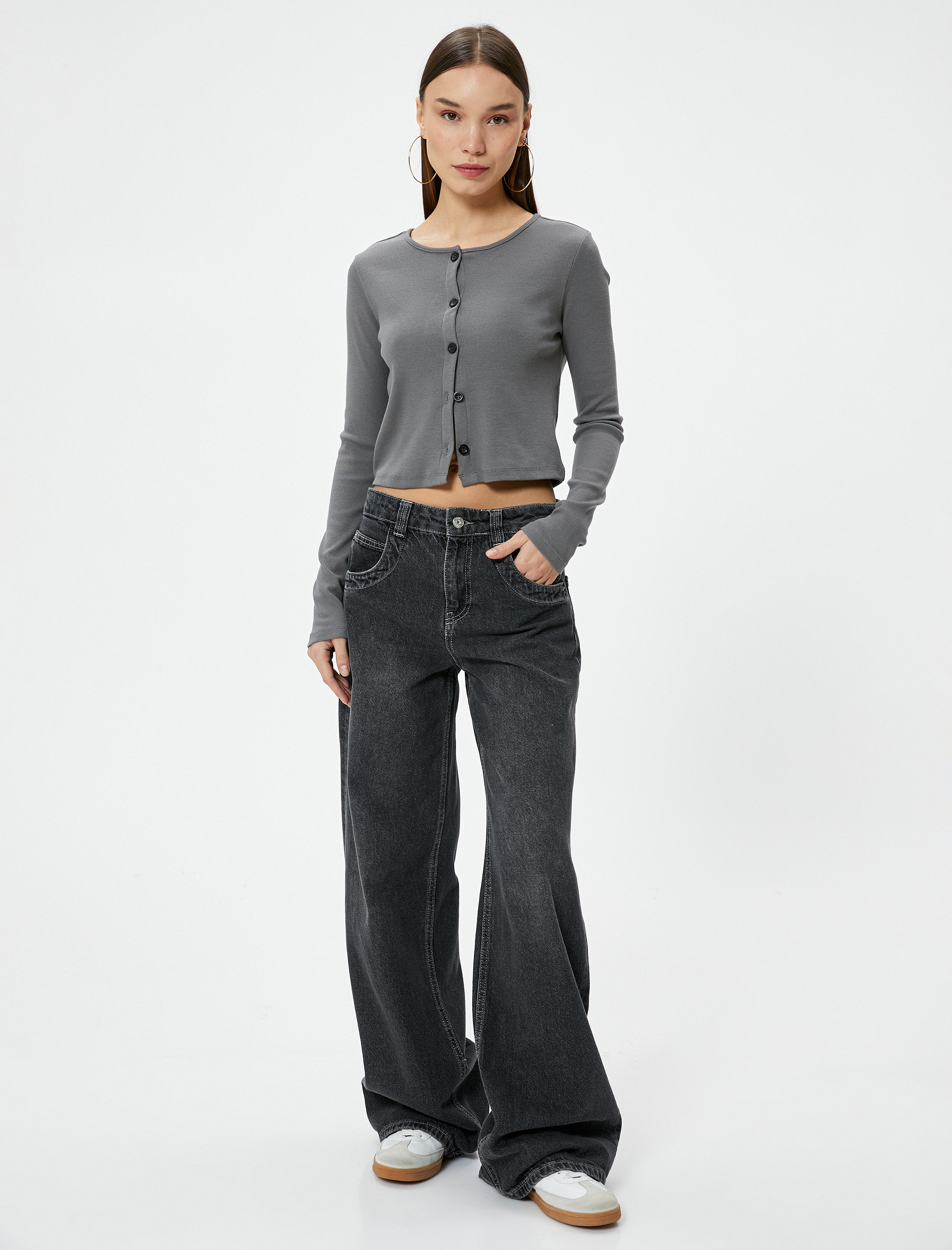   Düğmeli Tişört Uzun Kollu Bisiklet Yaka Slim Fit Pamuklu