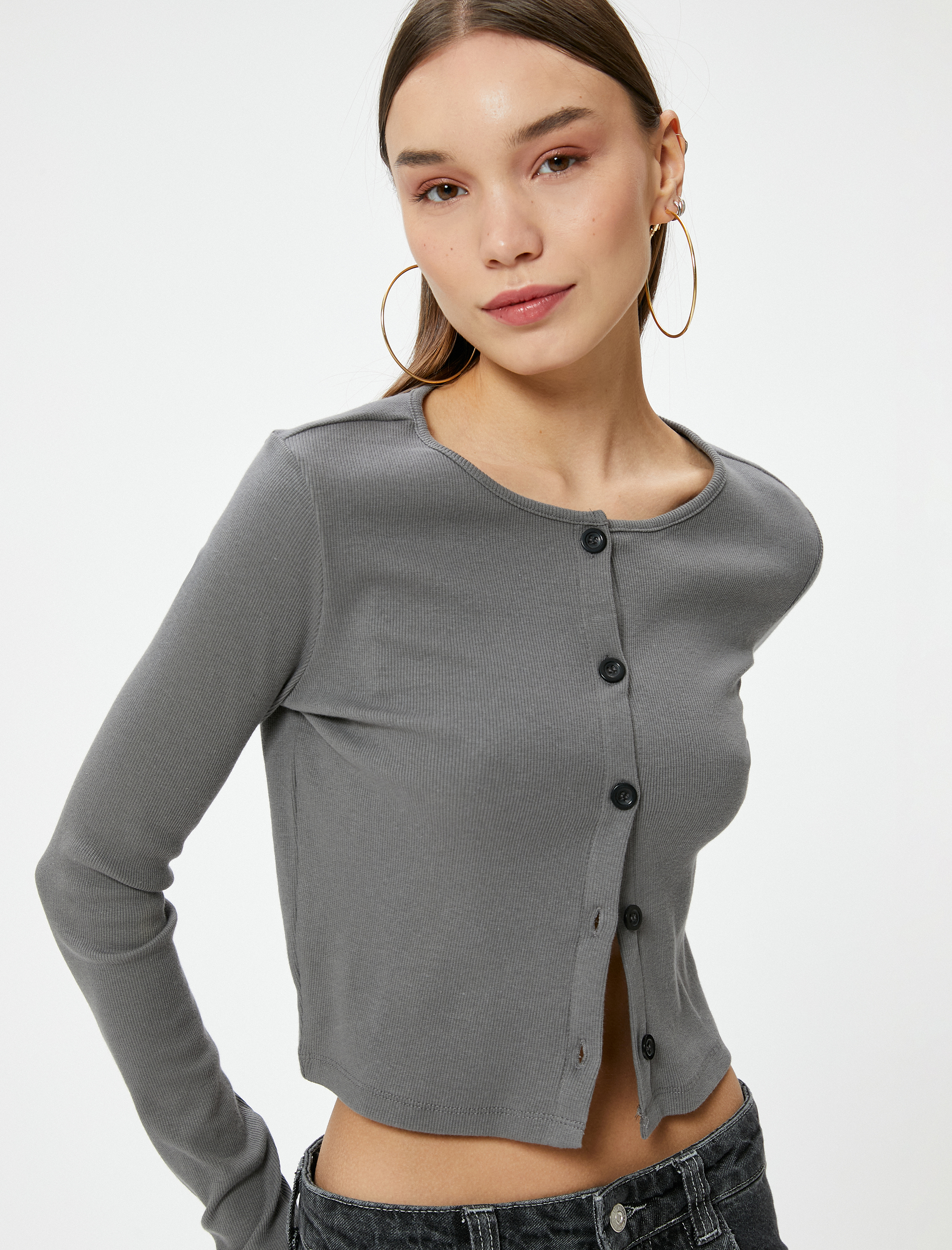   Düğmeli Tişört Uzun Kollu Bisiklet Yaka Slim Fit Pamuklu