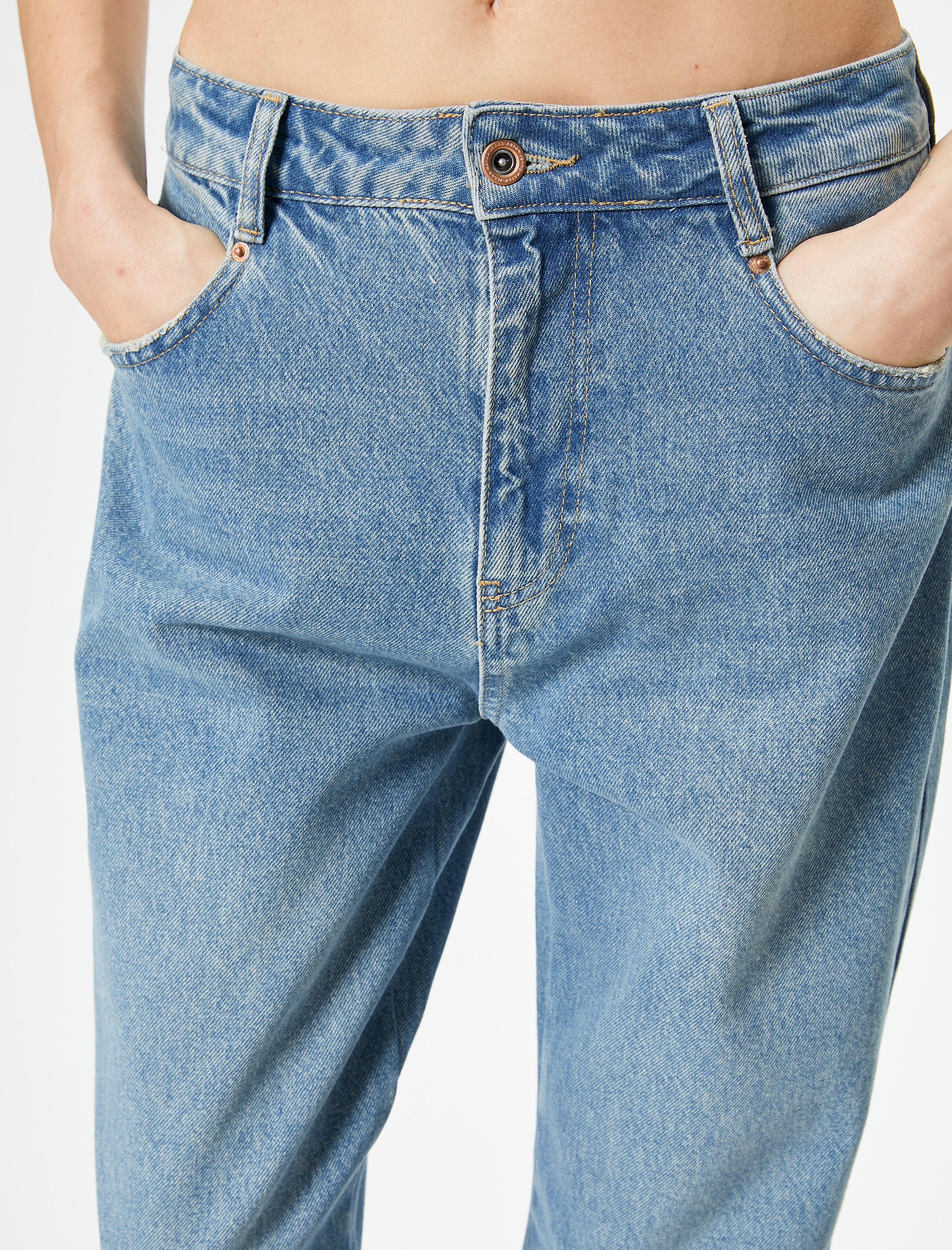   Mom Fit Kot Pantolon Standart Bel Cepli Pamuklu - Mom Jean