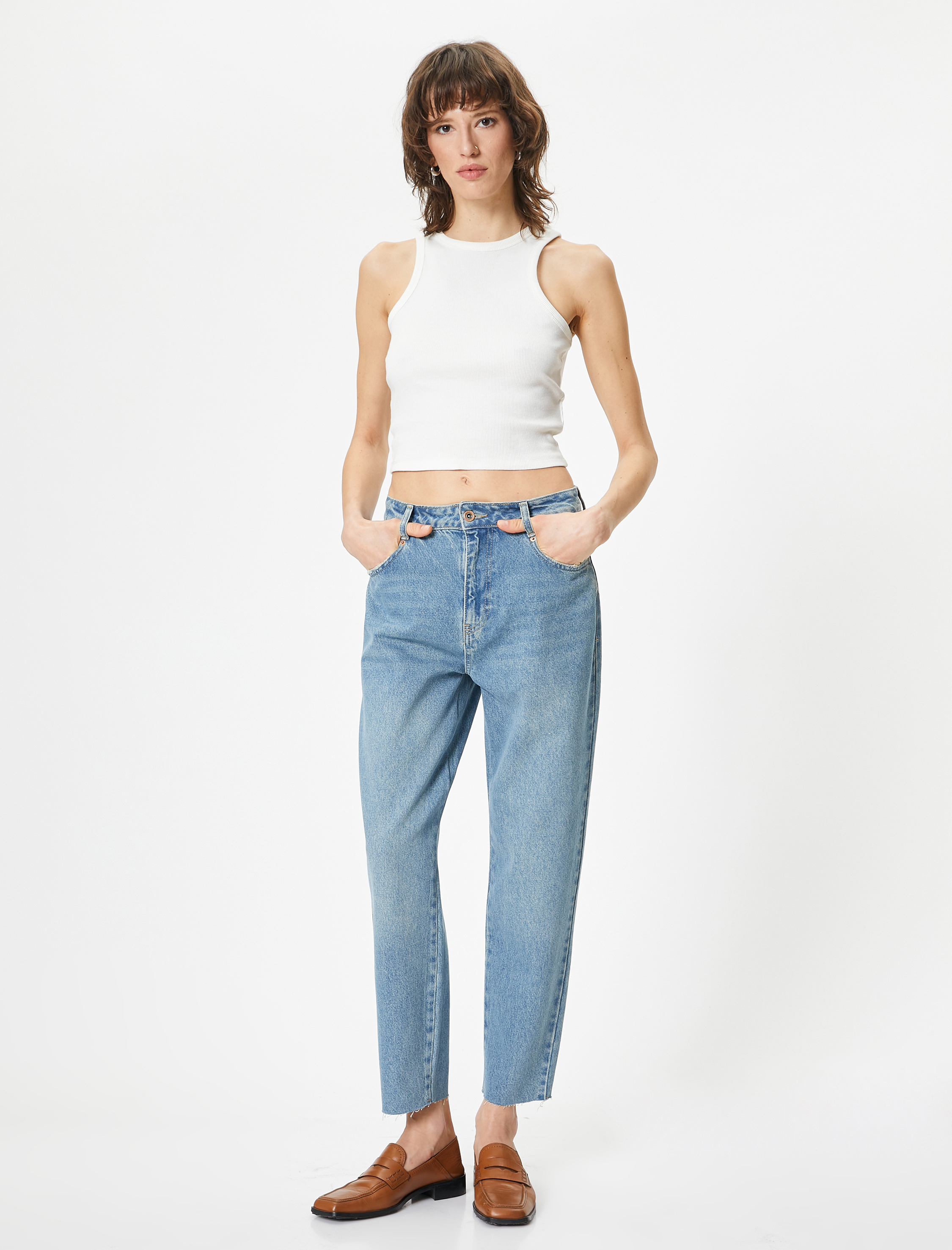   Mom Fit Kot Pantolon Standart Bel Cepli Pamuklu - Mom Jean