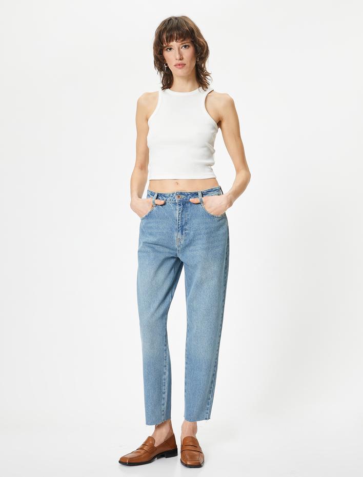  Mom Fit Kot Pantolon Standart Bel Cepli Pamuklu - Mom Jean