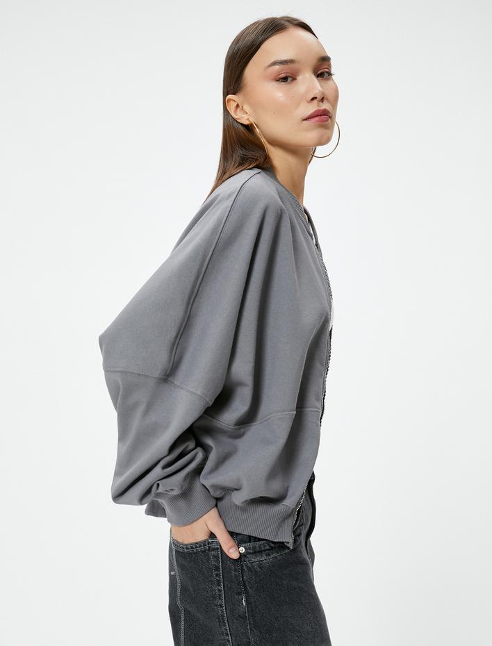  Şardonlu Fermuarlı Sweatshirt Rahat Kalıp Yuvarlak Yaka Uzun Balon Kollu Pamuklu