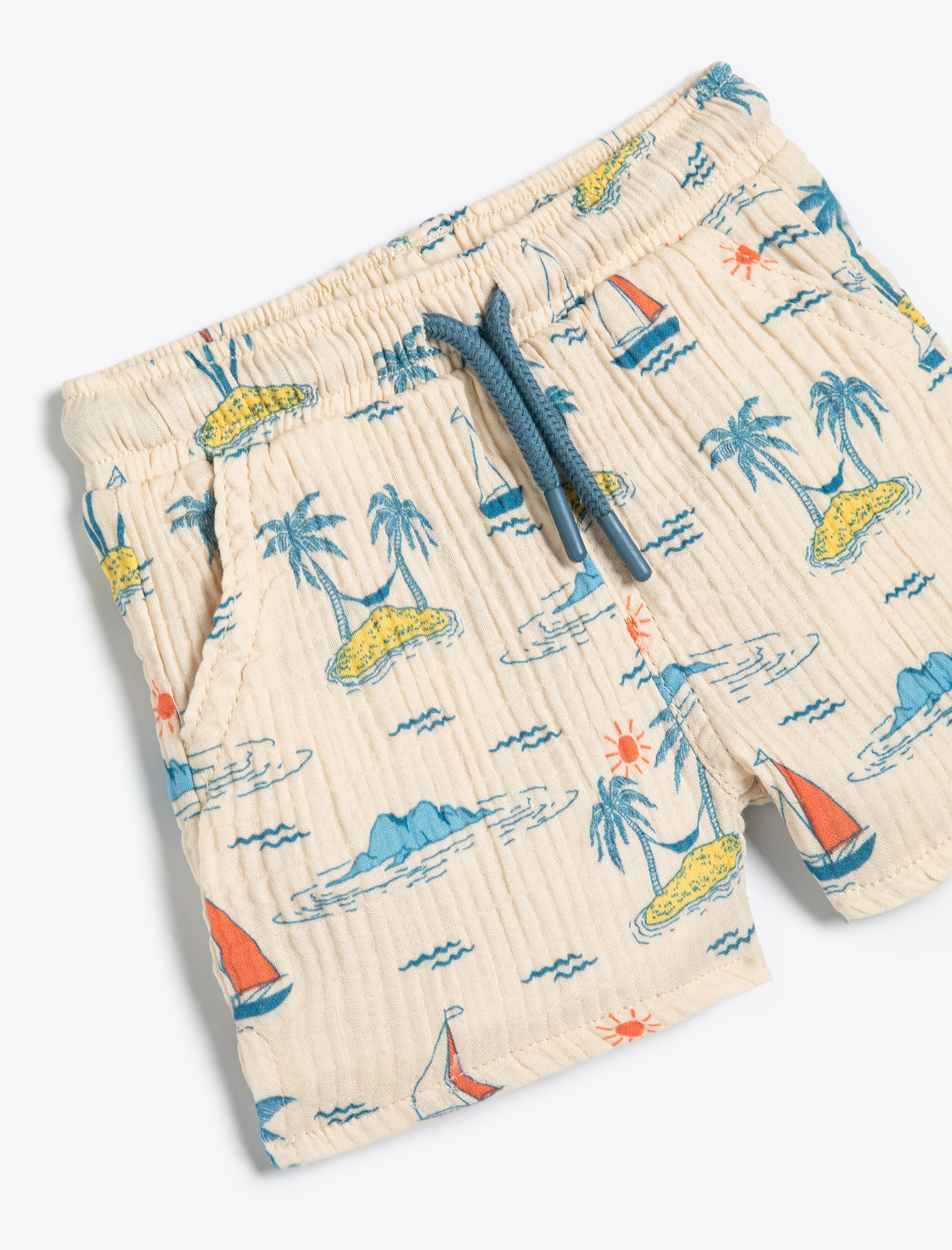  Erkek Bebek Şort Palmiye Baskılı Cepli Dokulu Pamuklu