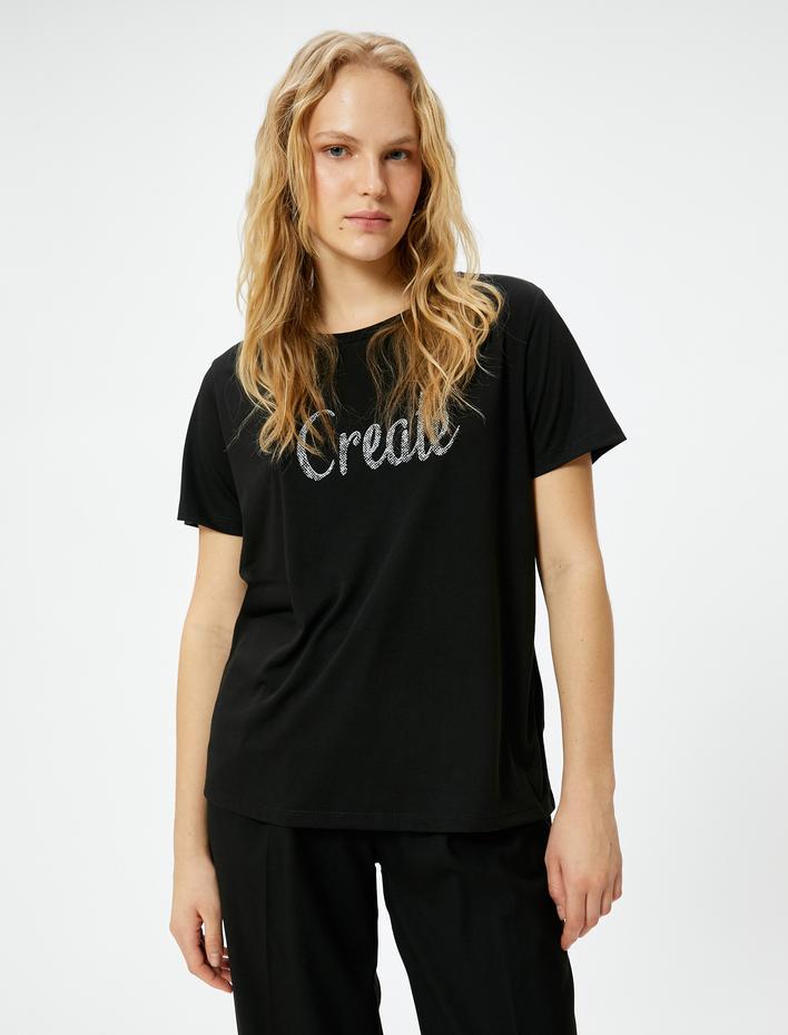  Slogan Baskılı Tişört Kısa Kollu Bisiklet Yaka Standart Kesim