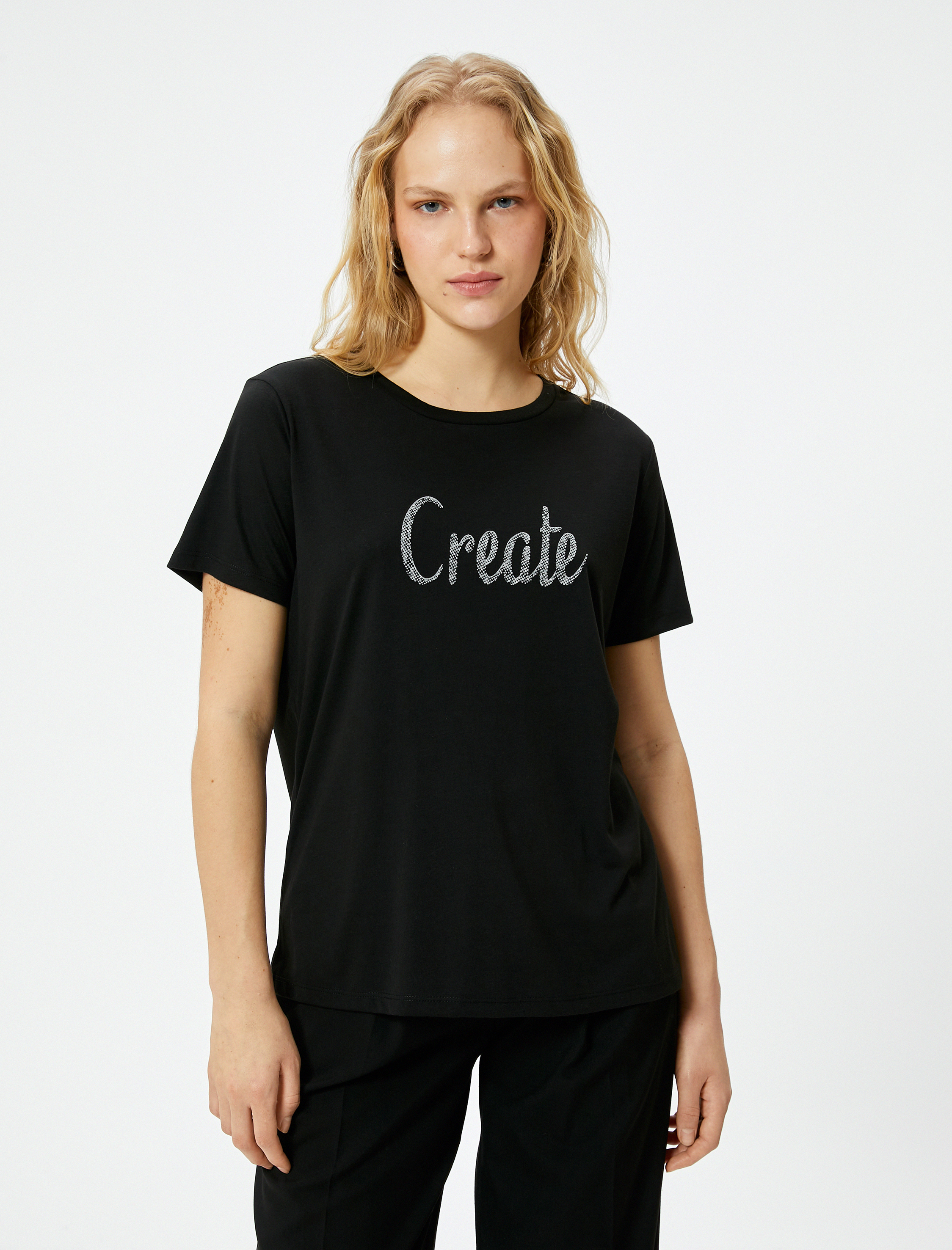   Slogan Baskılı Tişört Kısa Kollu Bisiklet Yaka Standart Kesim