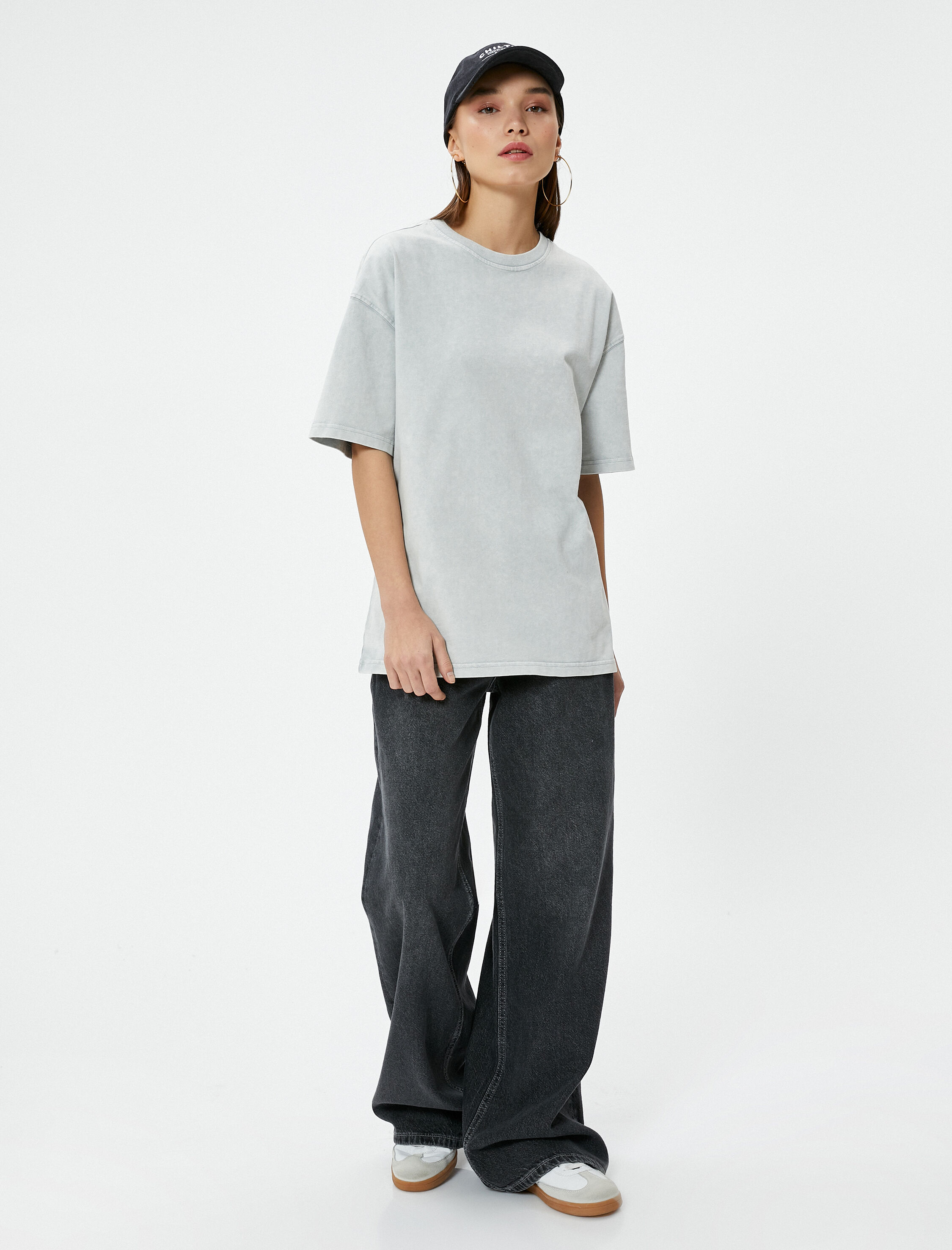   Basic Oversize Tişört Kısa Kollu Bisiklet Yaka Pamuklu