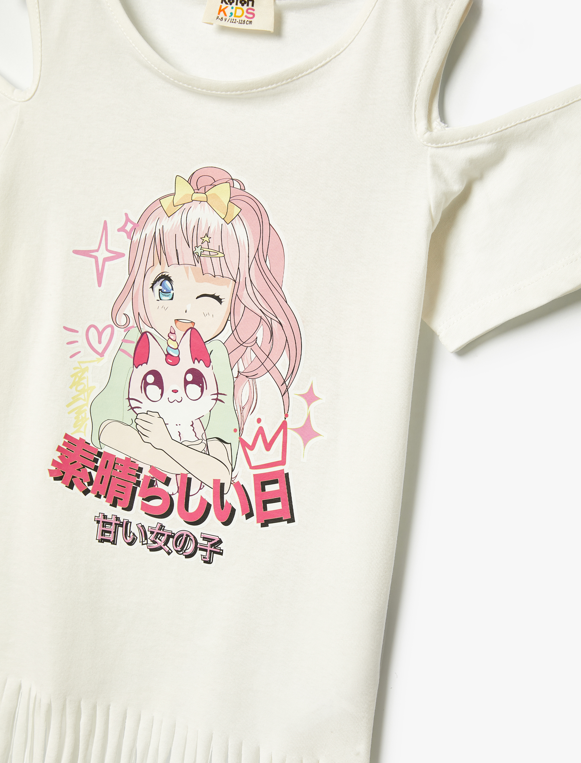  Kız Çocuk Tişört Anime Baskılı Püsküllü Kısa Kollu Pencere Detaylı Pamuklu